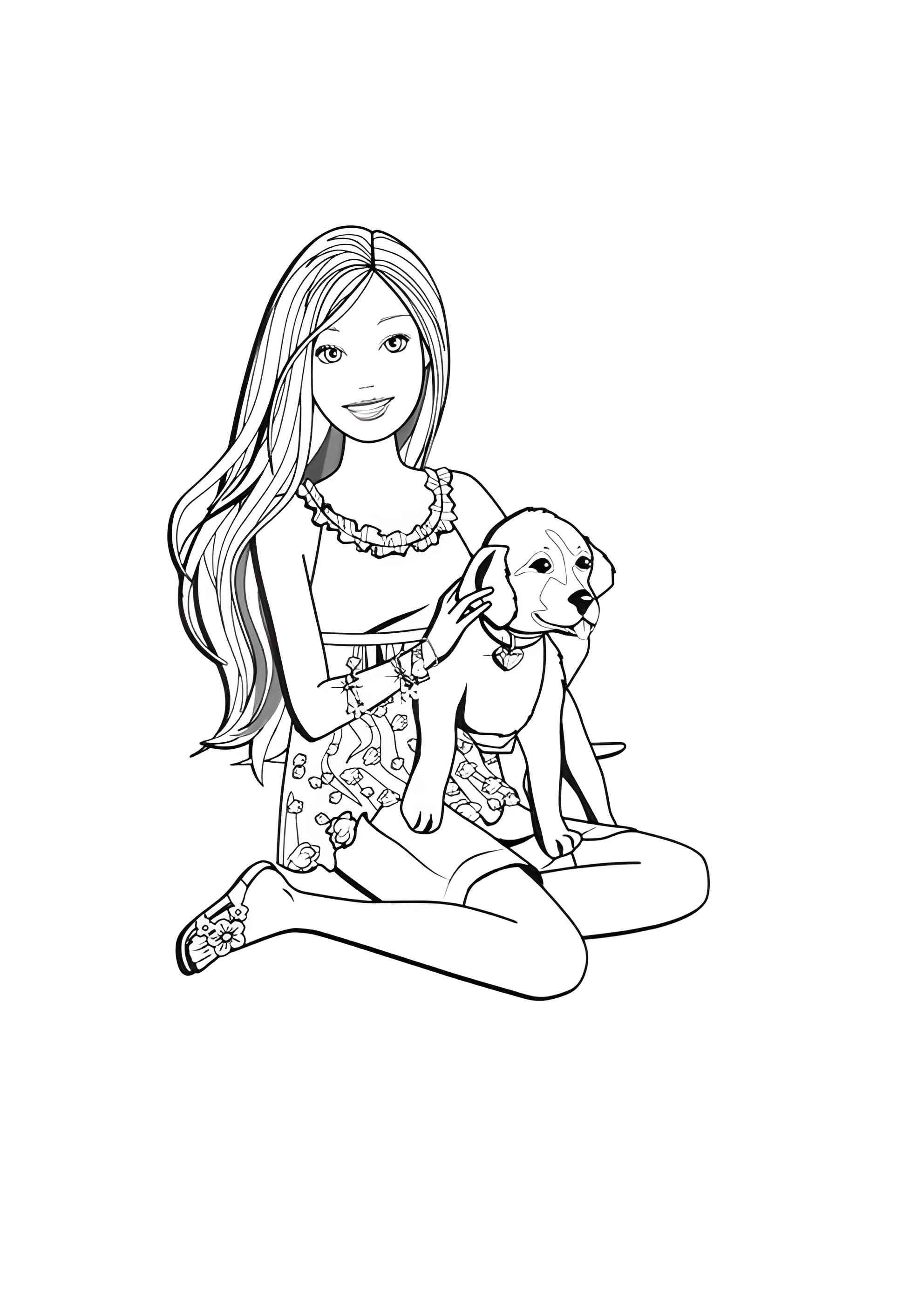 Раскраска Барби подарили собаку