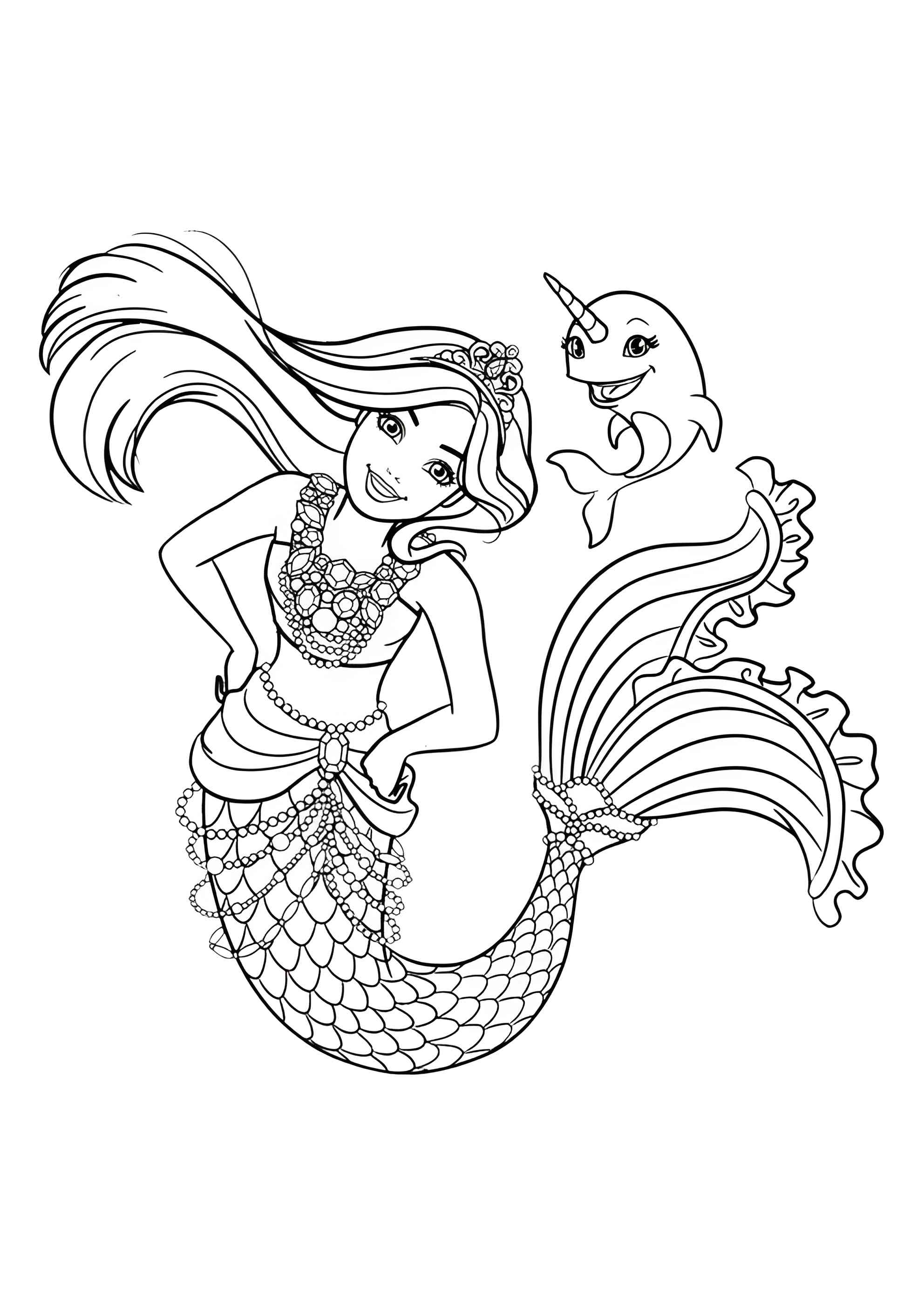 Раскраска Барби русалка и малыш нарвал
