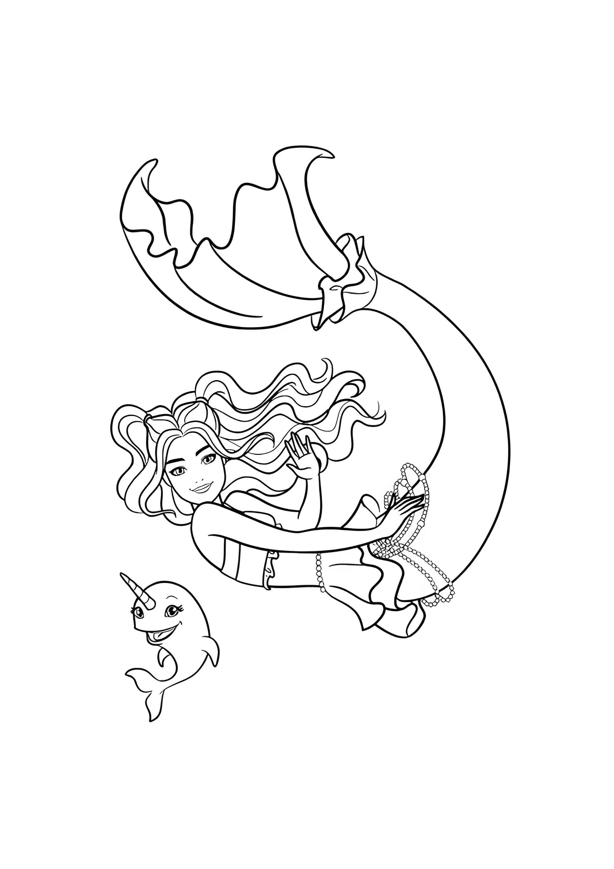 Раскраска Барби русалка машет ручкой вместе с нарвалом