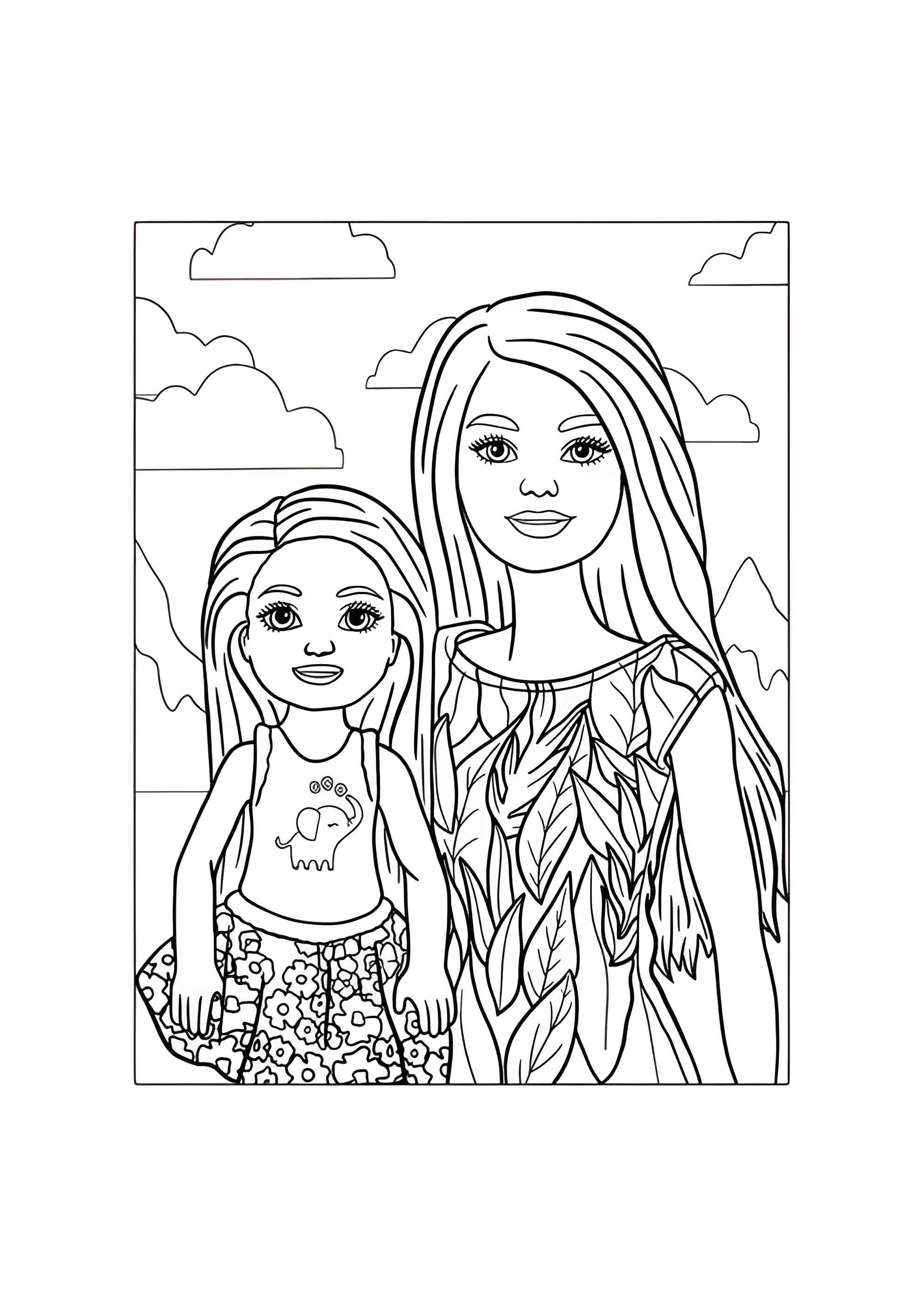 Раскраска Барби с младшей сестрой