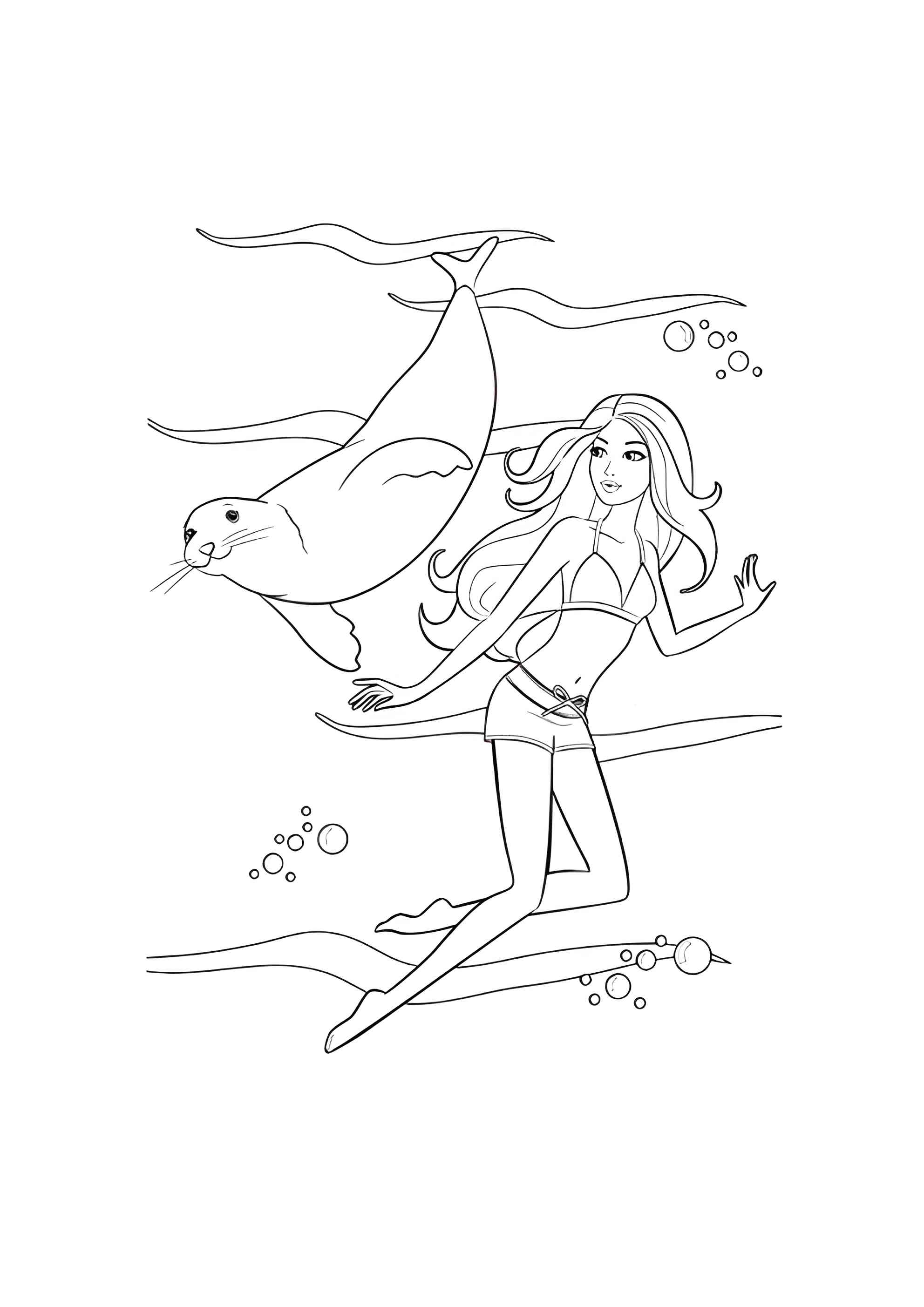 Раскраска Барби с морским котиком