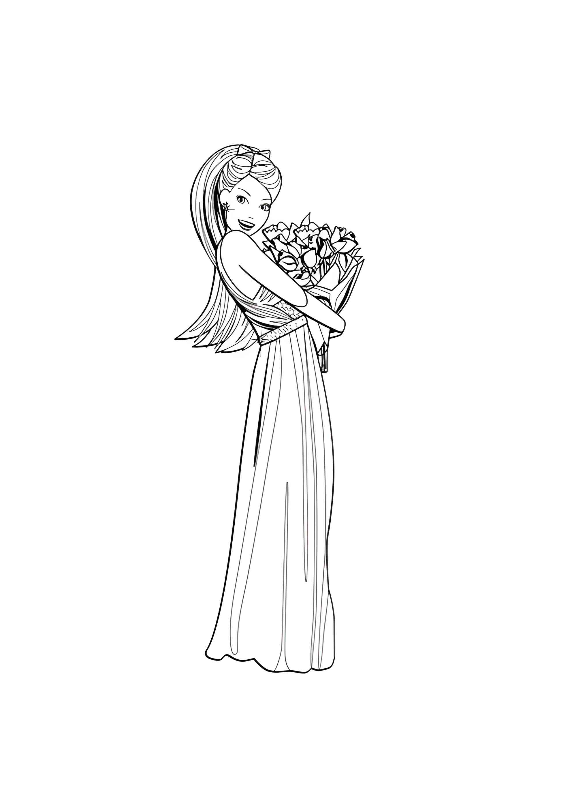 Раскраска Барби с охапкой цветов