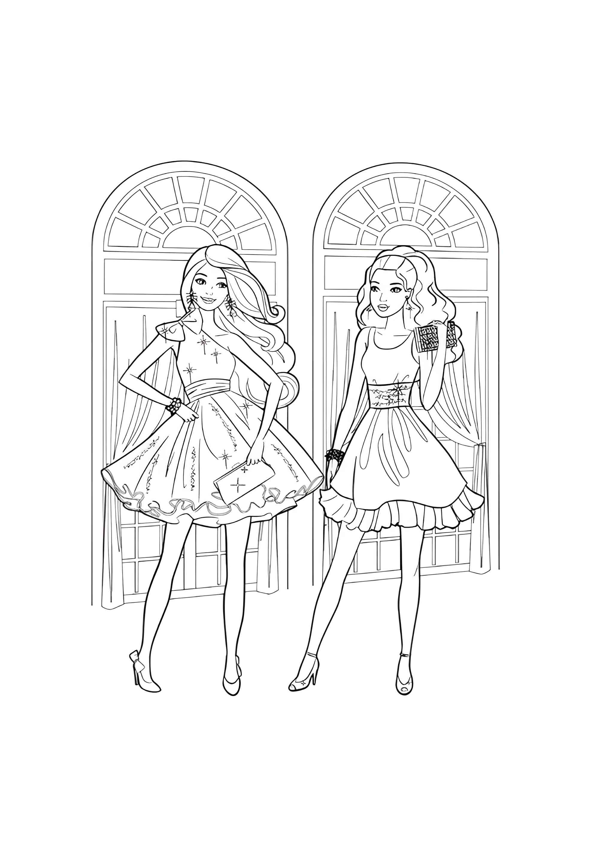 Раскраска Барби с подругой на балу