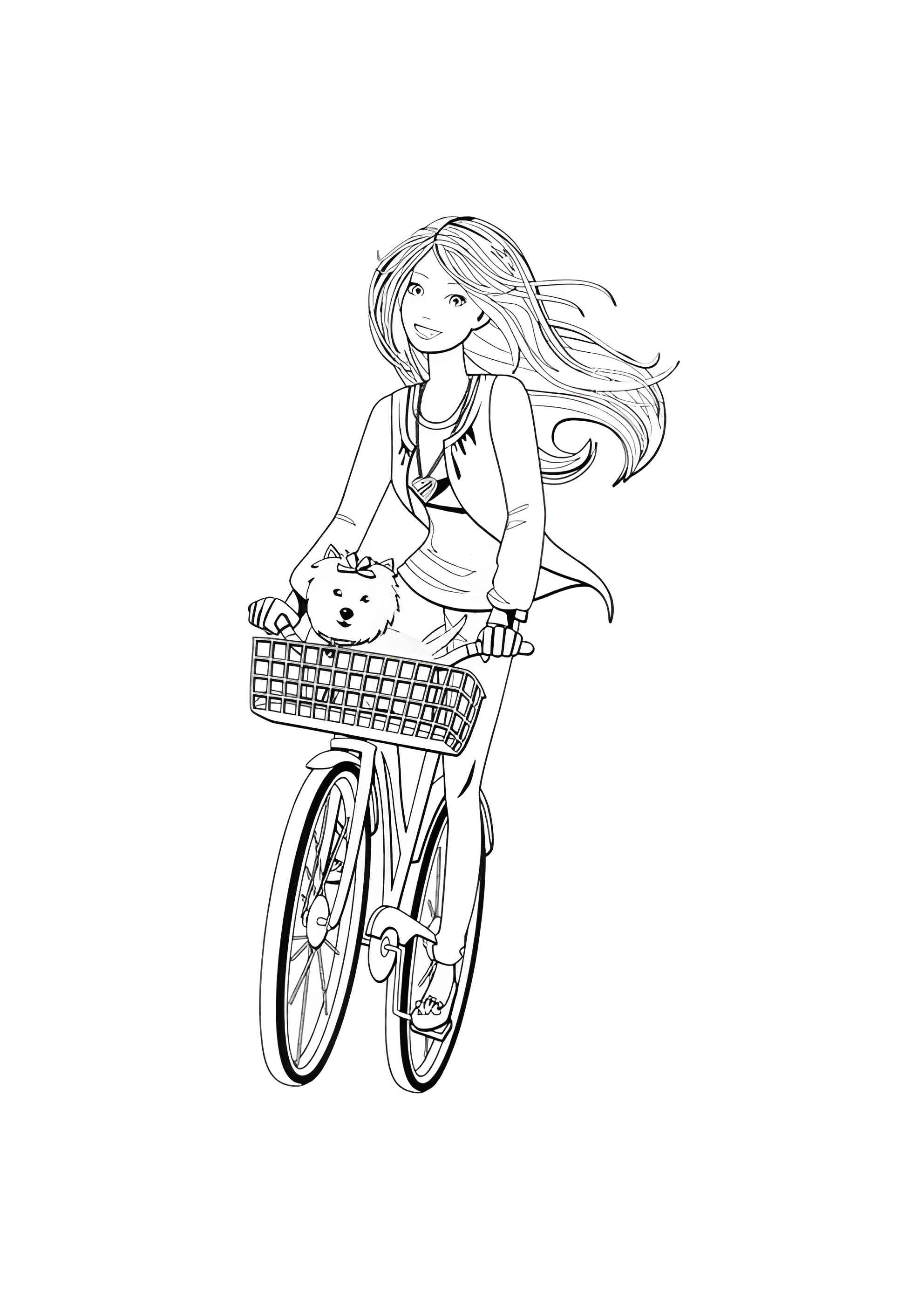Раскраска Барби с собачкой на велосипедной прогулке
