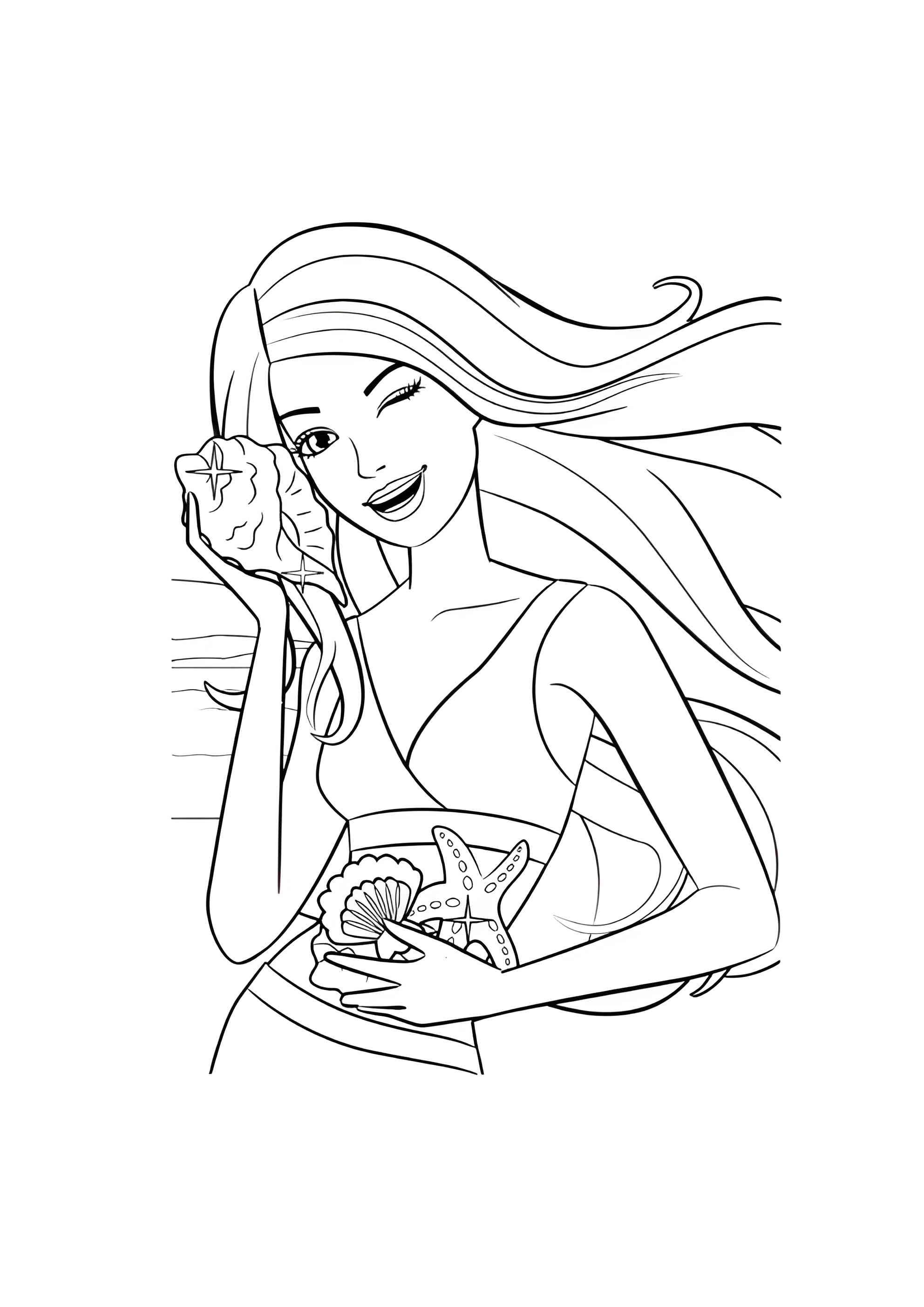 Раскраска Барби слушает ракушки