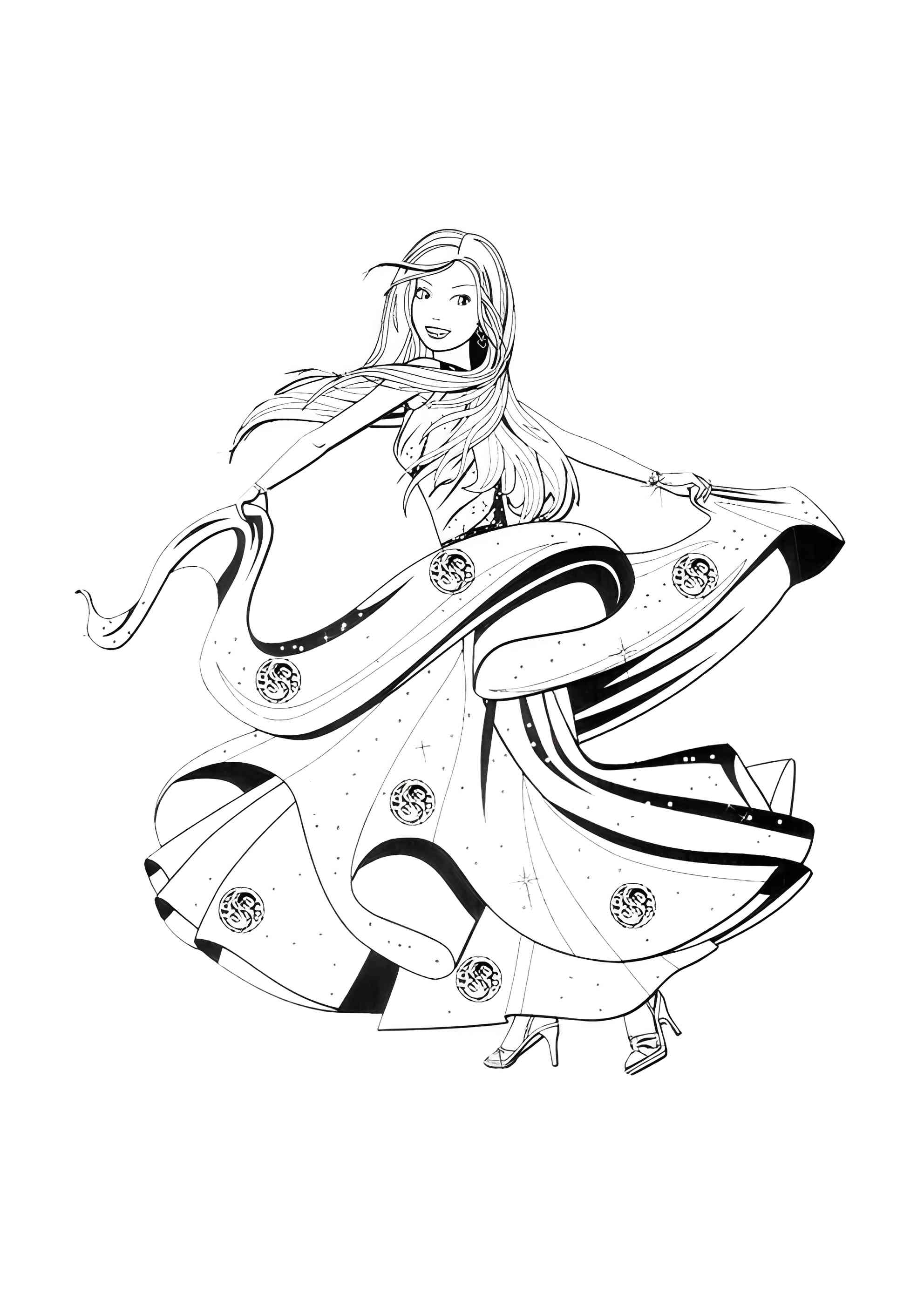 Раскраска Барби танцует в бальном платье