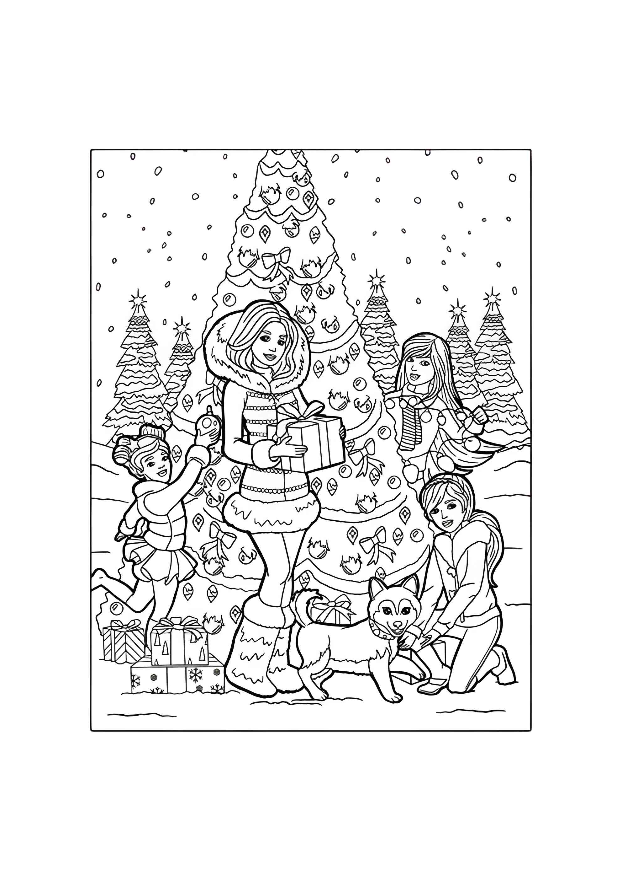 Раскраска Барби возле ёлки