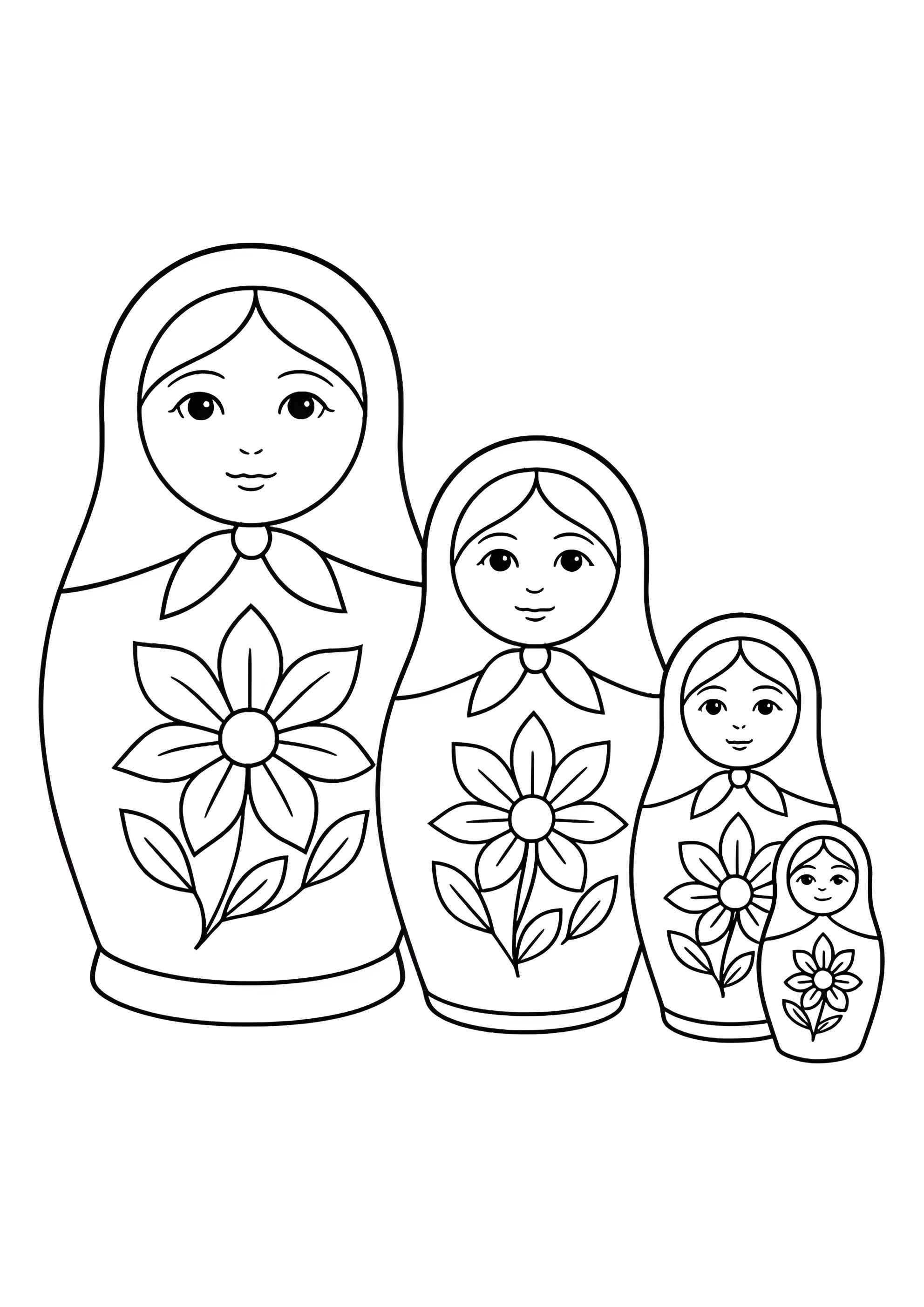 Раскраска Четыре матрёшки с цветочками