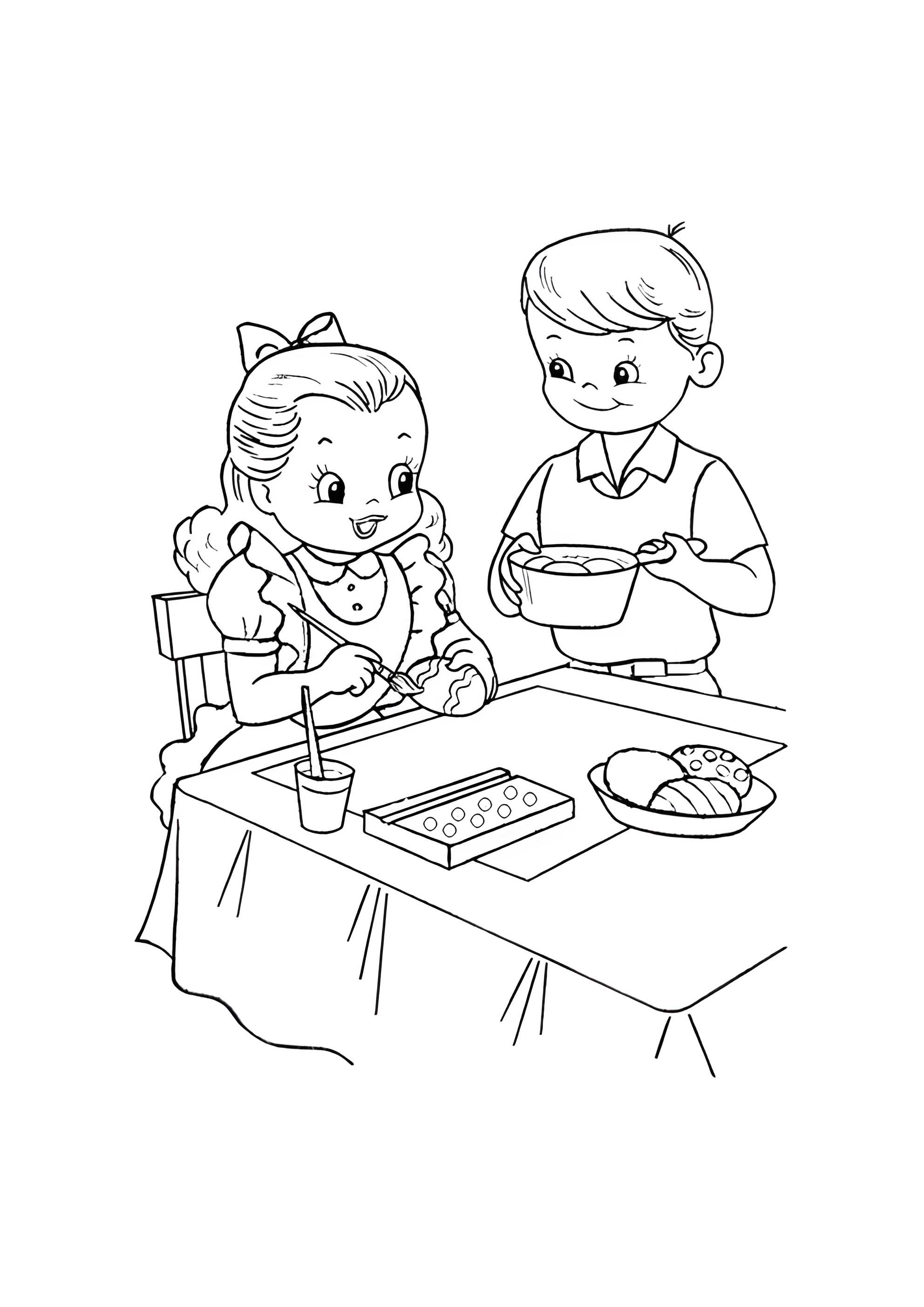 Раскраска Дети готовятся к Пасхе