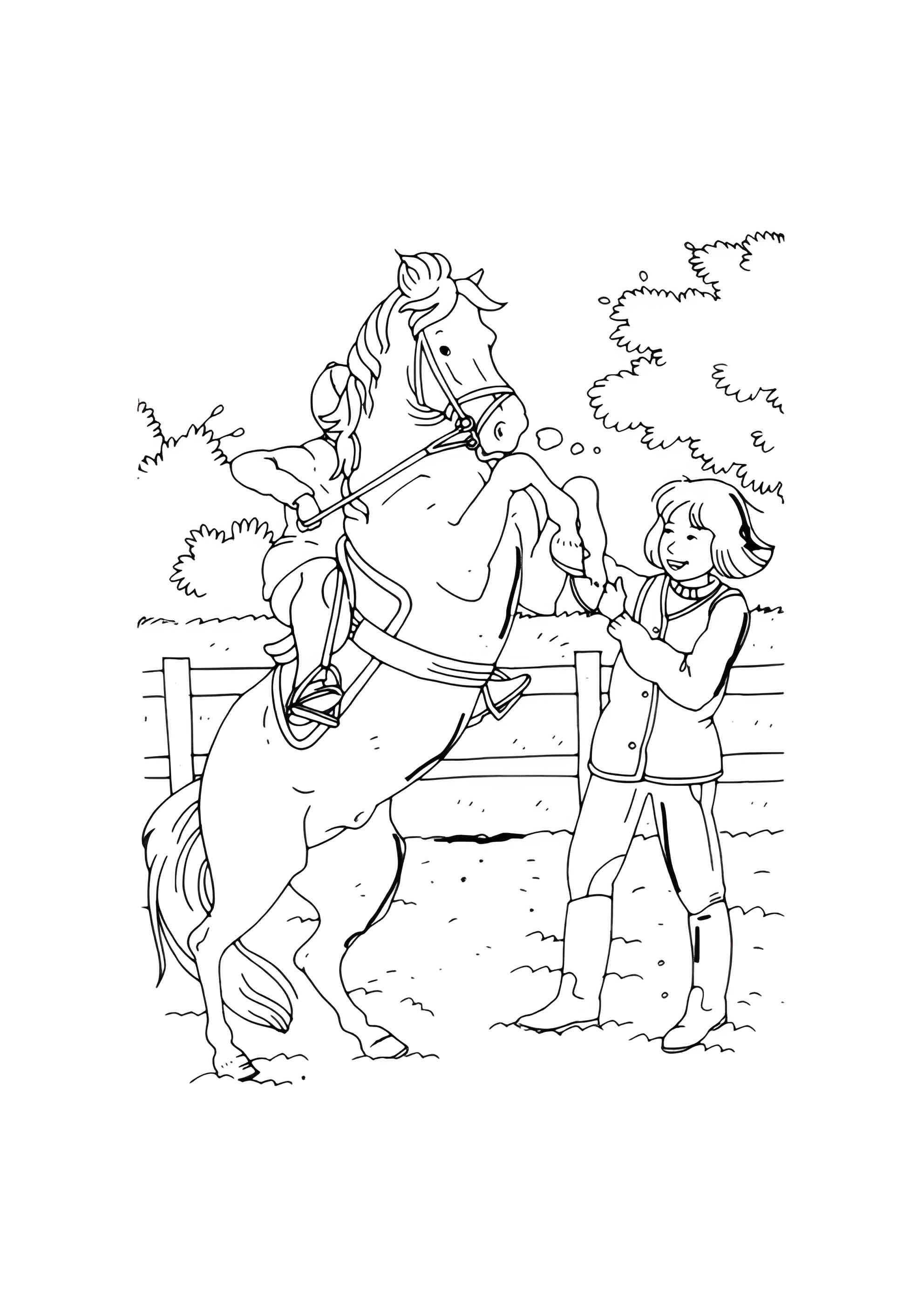 Раскраска Дети играют с лошадью