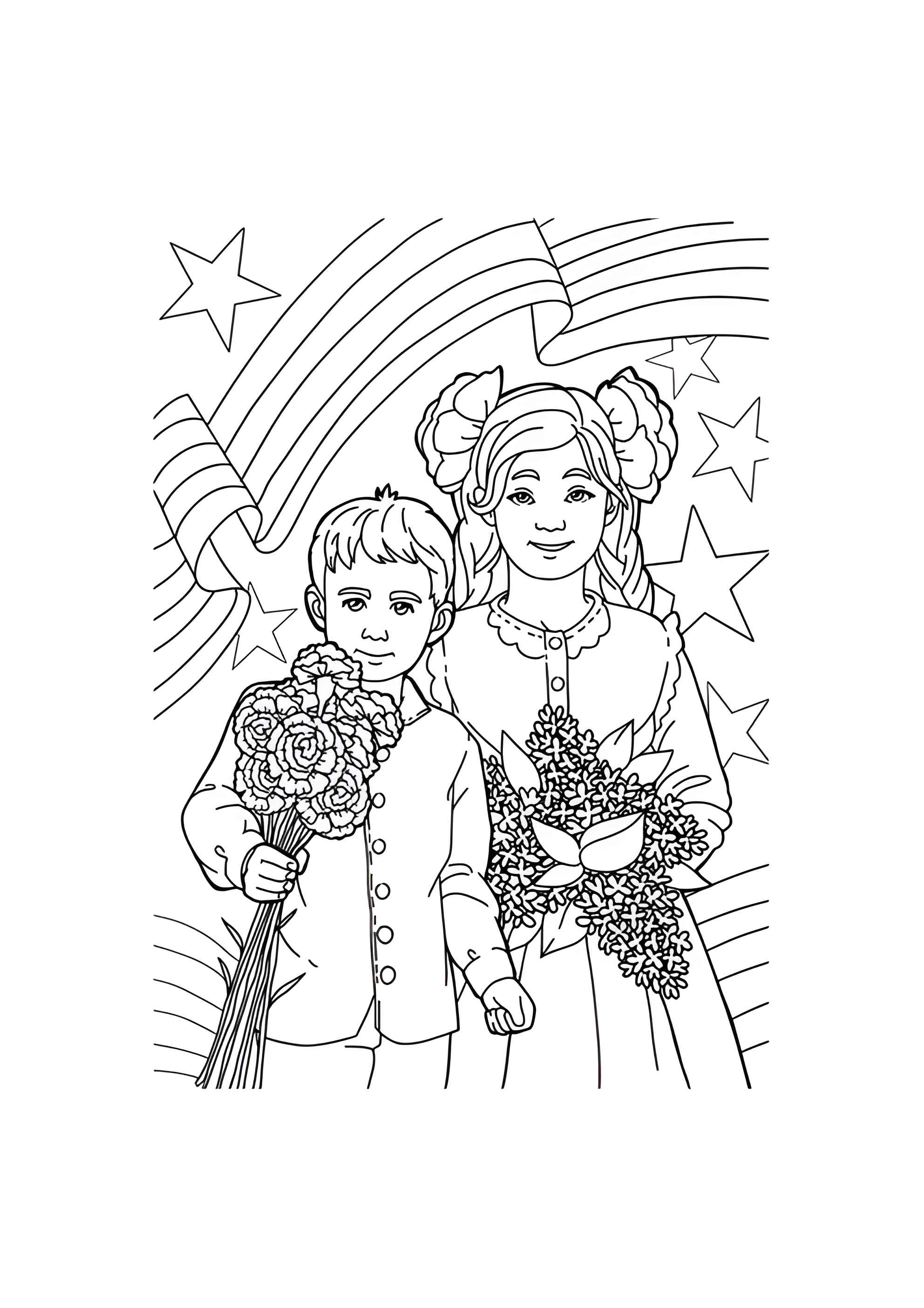 Раскраска Дети с цветами на 9 мая