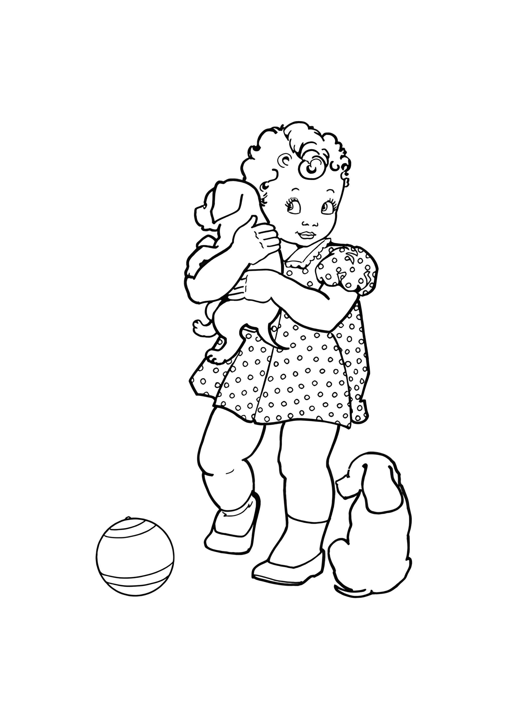 Раскраска Девочка и два щенка