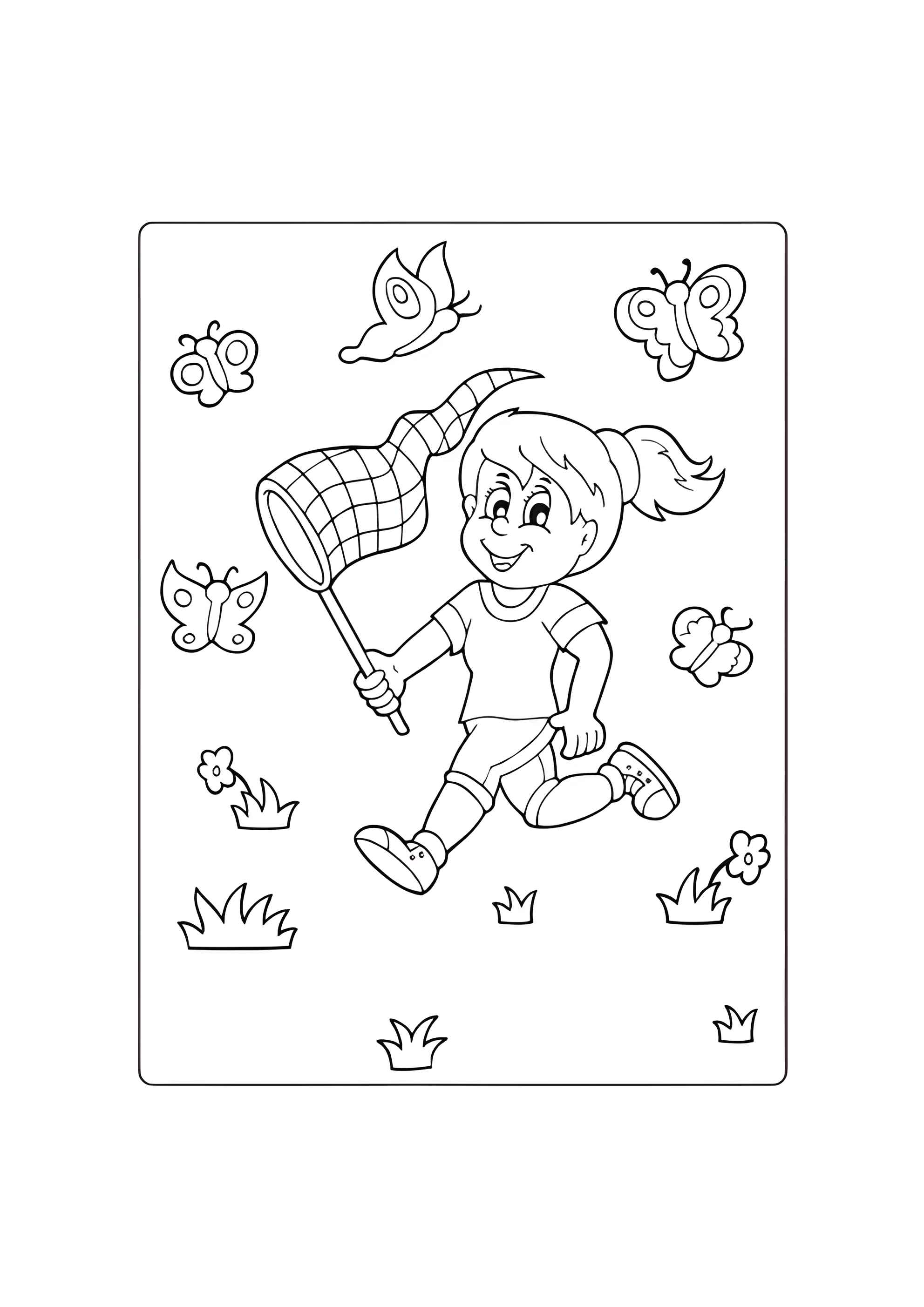 Раскраска Девочка ловит сачком бабочек