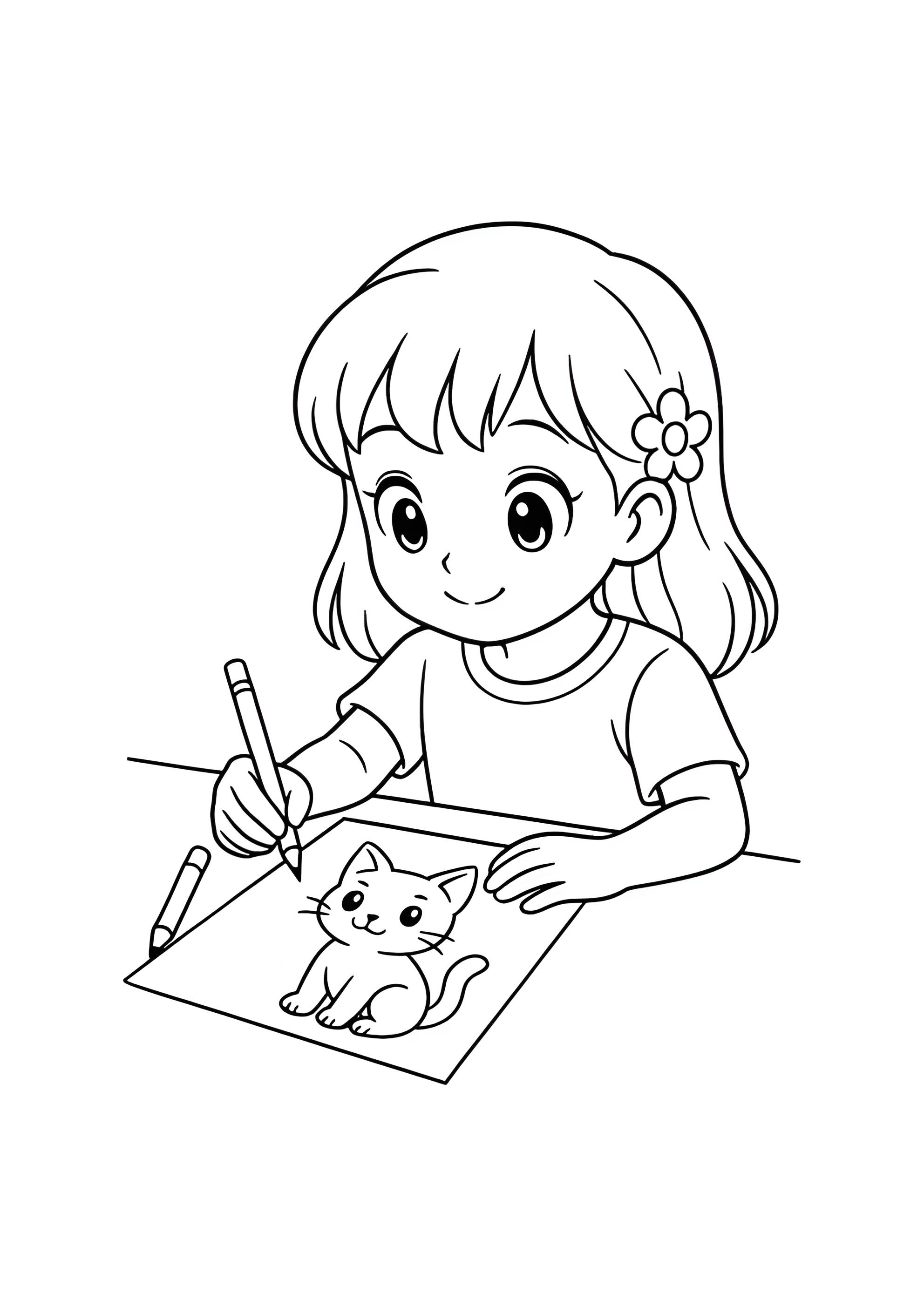 Раскраска Девочка нарисовала кота