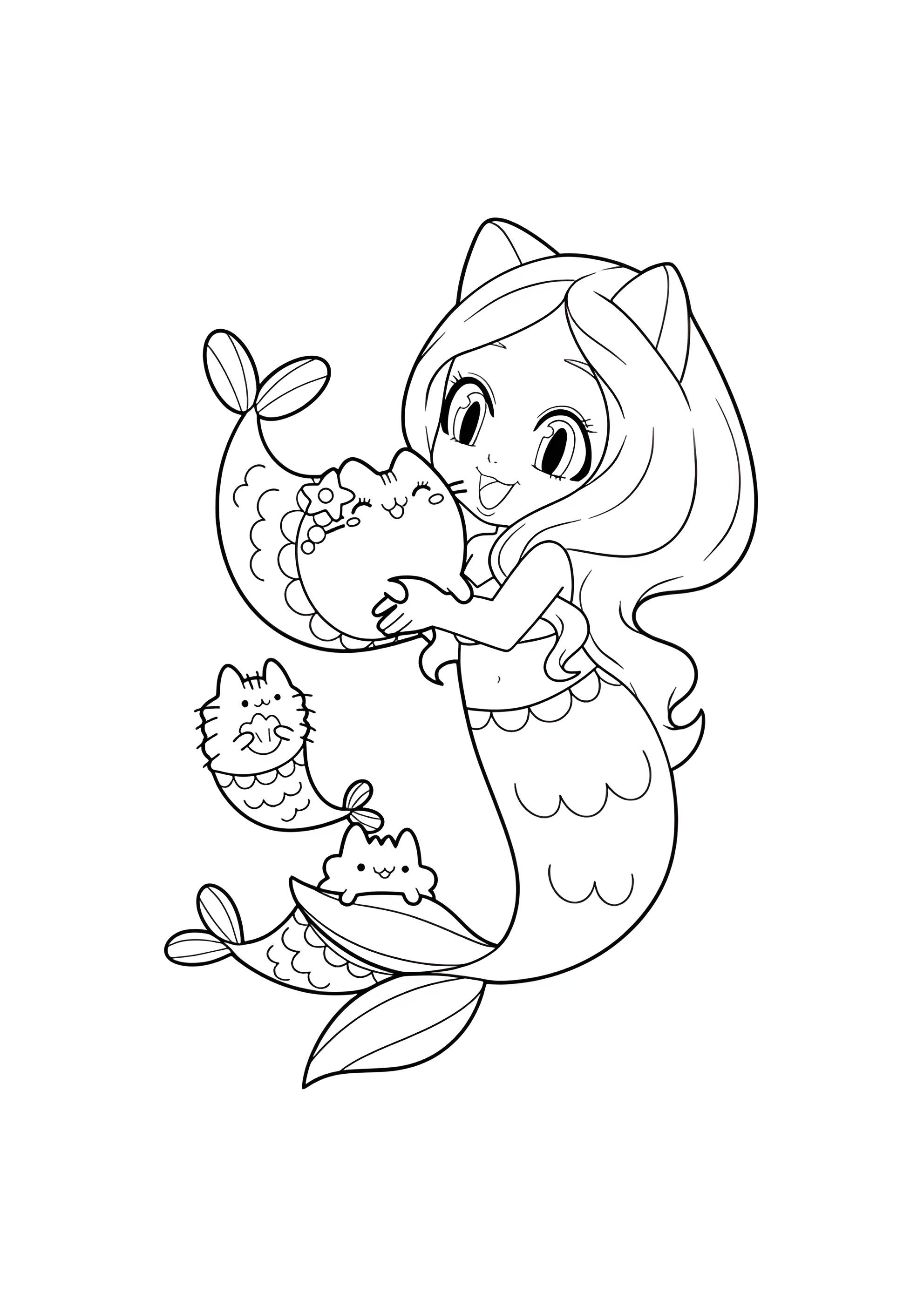 Раскраска Девочка русалка и её кот