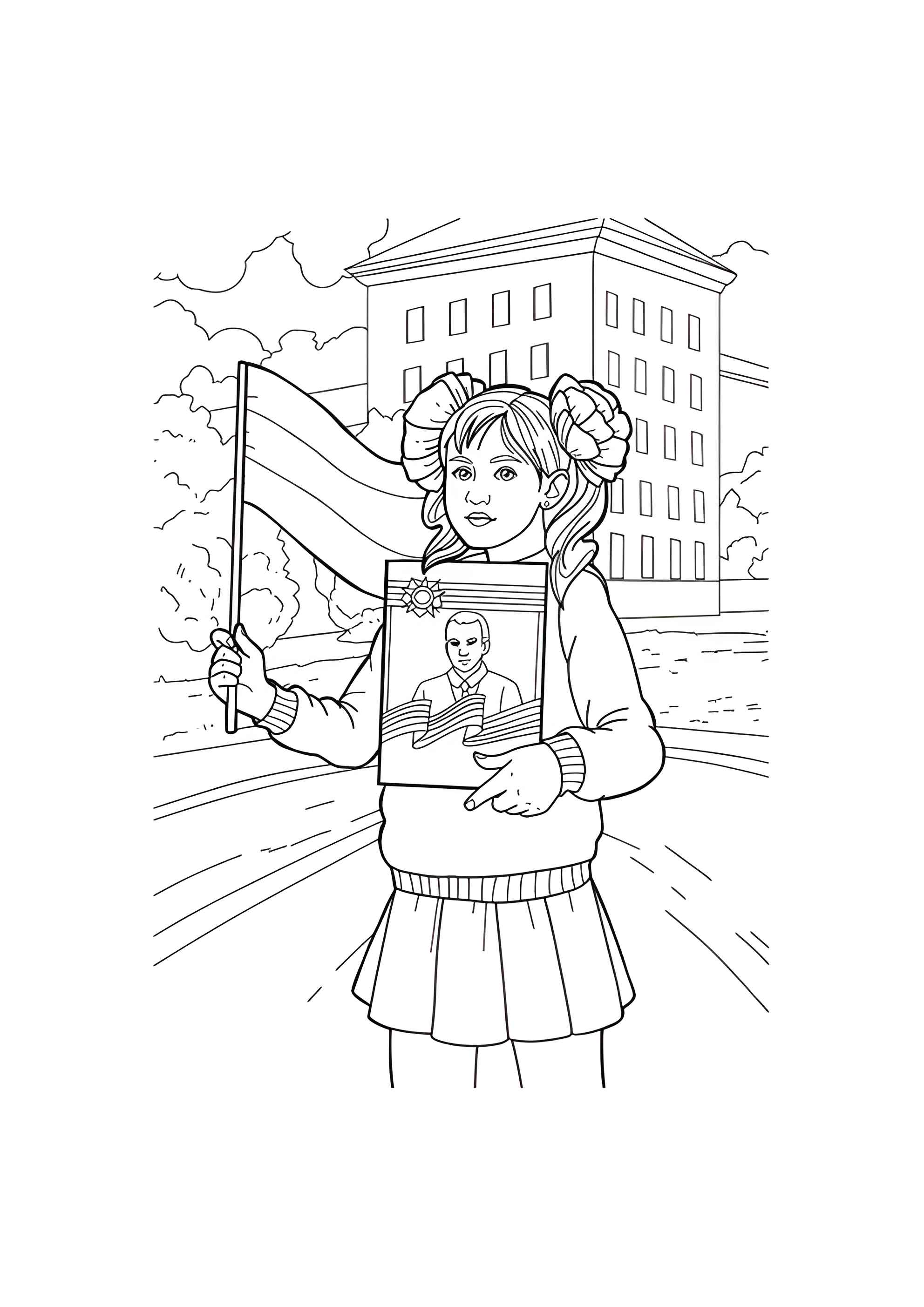 Раскраска Девочка с флагом на День победы