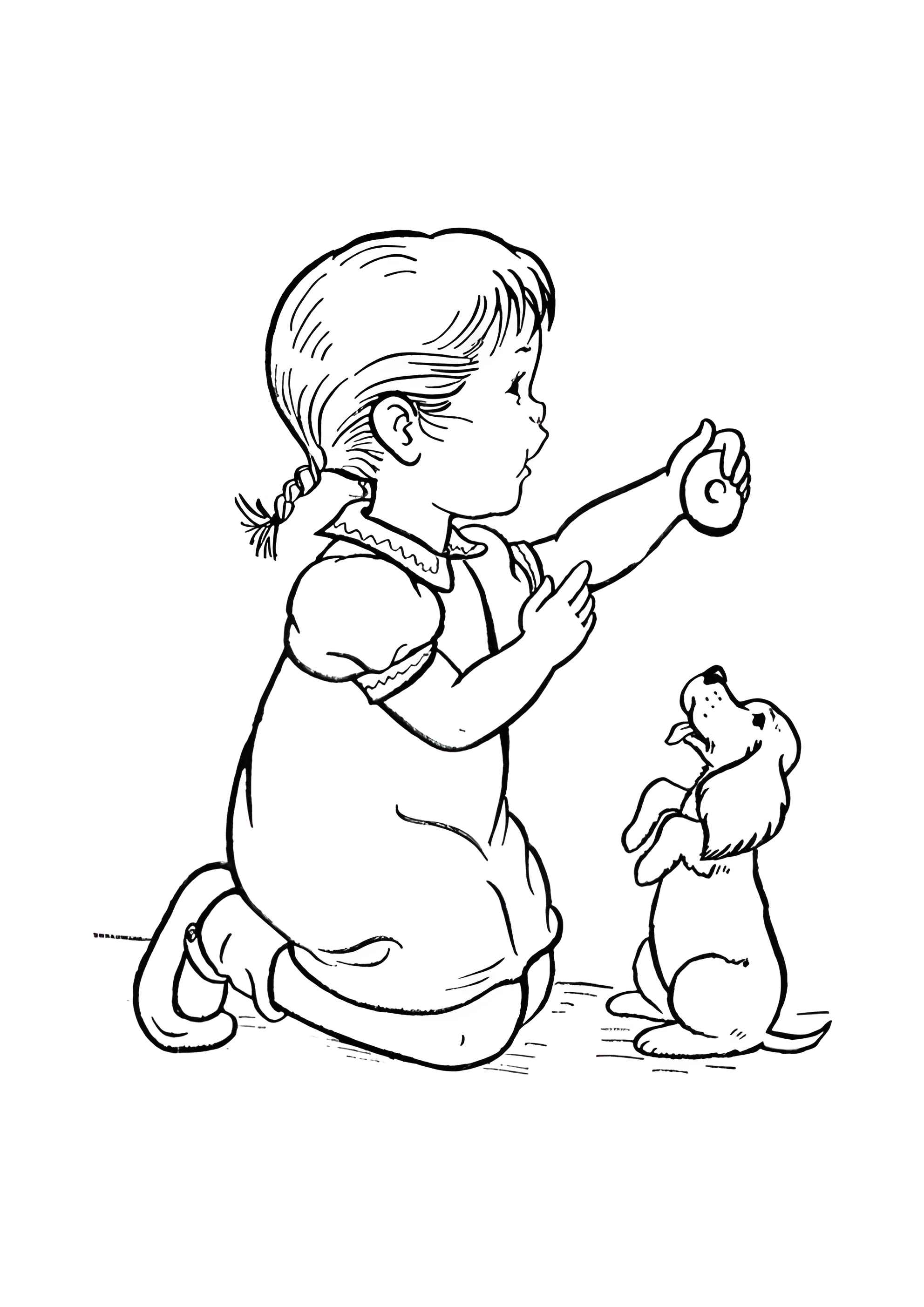 Раскраска Девочка угощает свою собачку