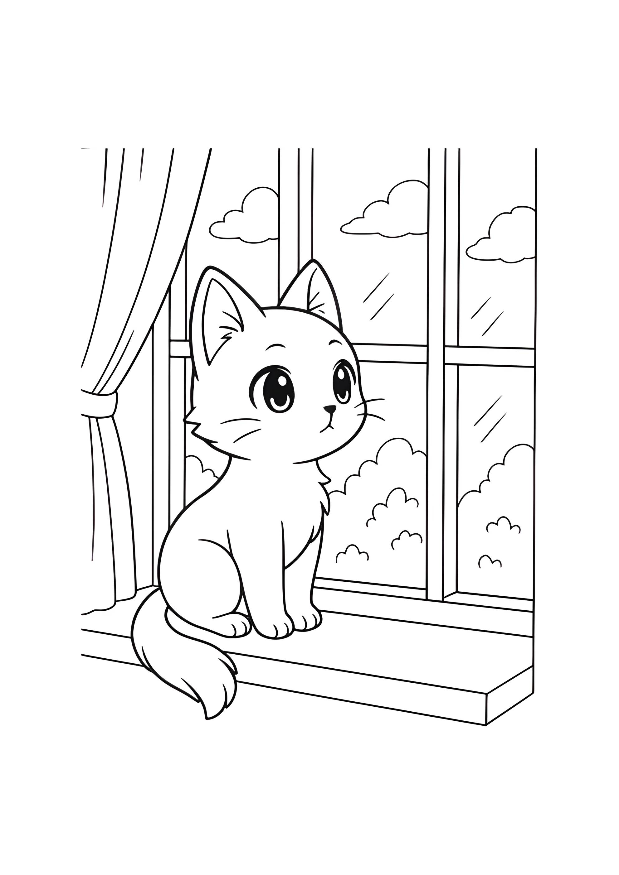 Раскраска Домашняя кошка на подоконнике