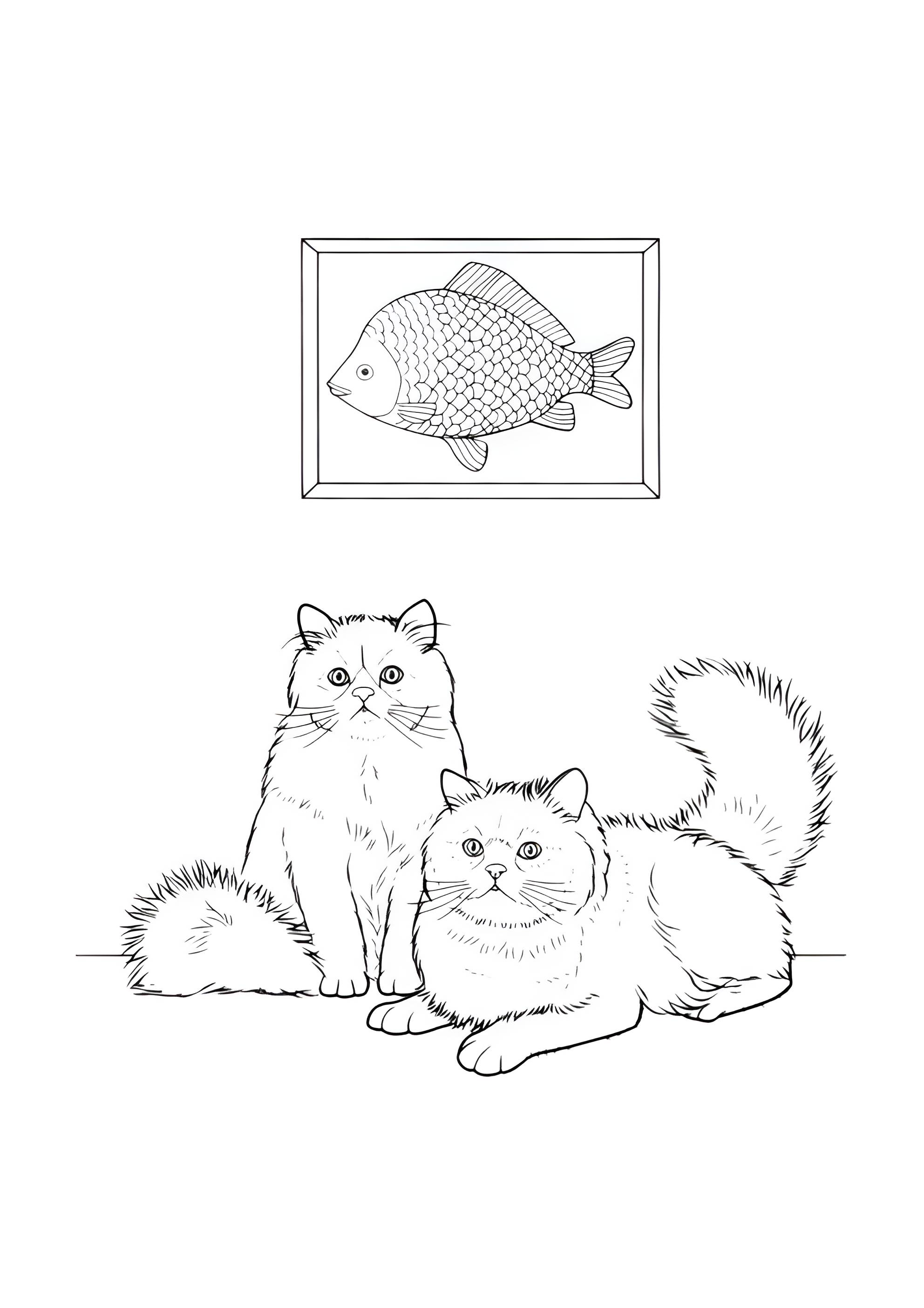 Раскраска Два кота и картина с рыбкой