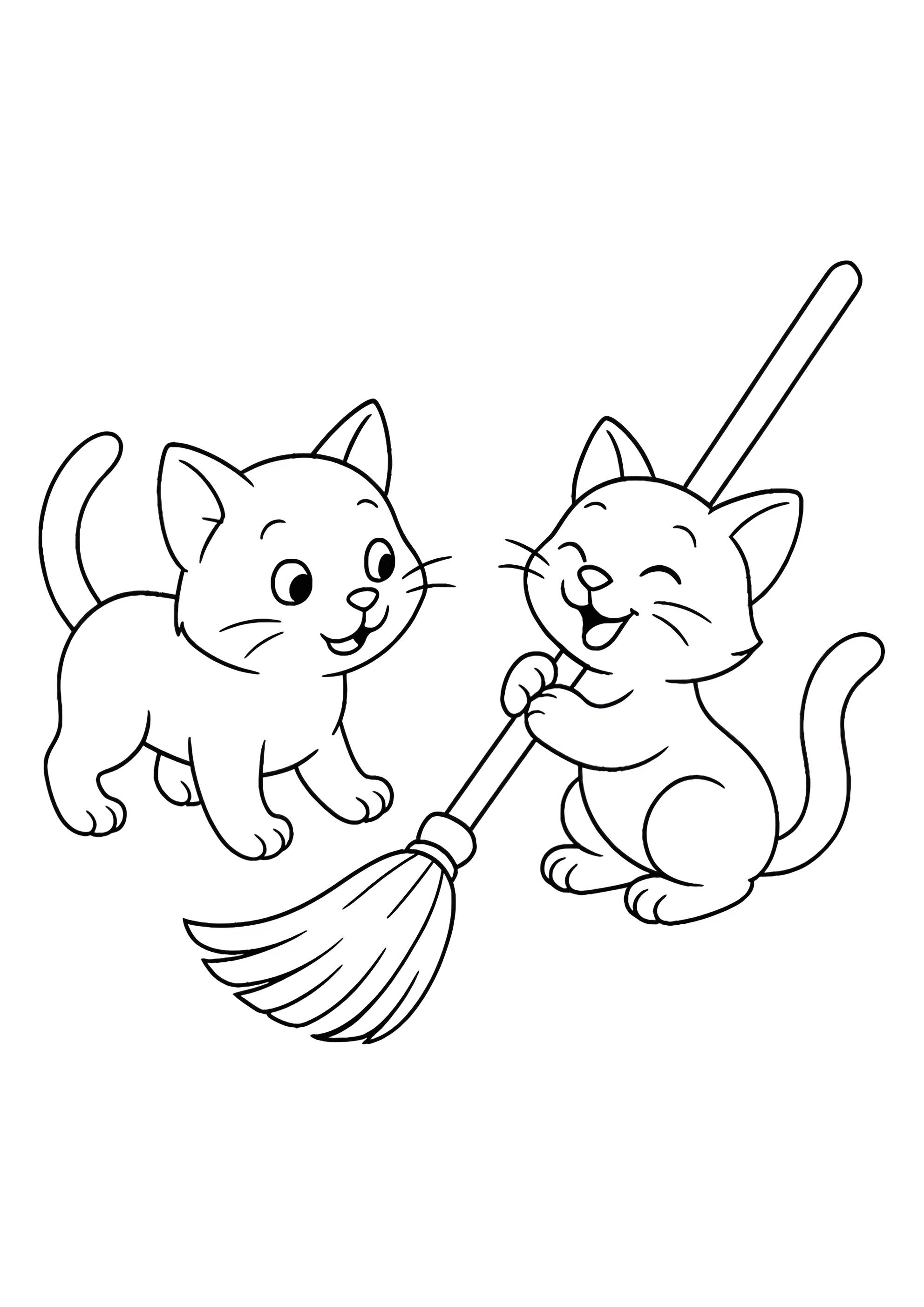 Раскраска Два котенка играют с метлой