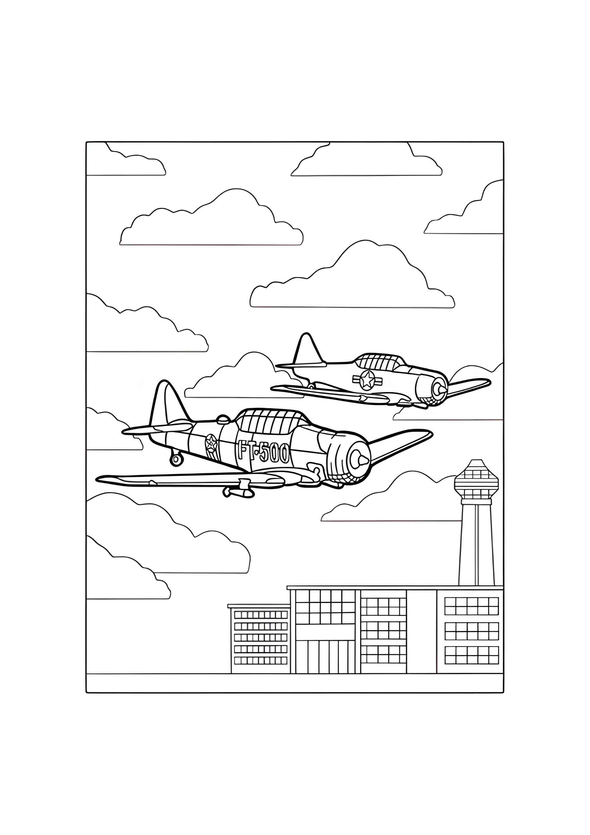 Раскраска Два военных самолёта времён второй мировой войны