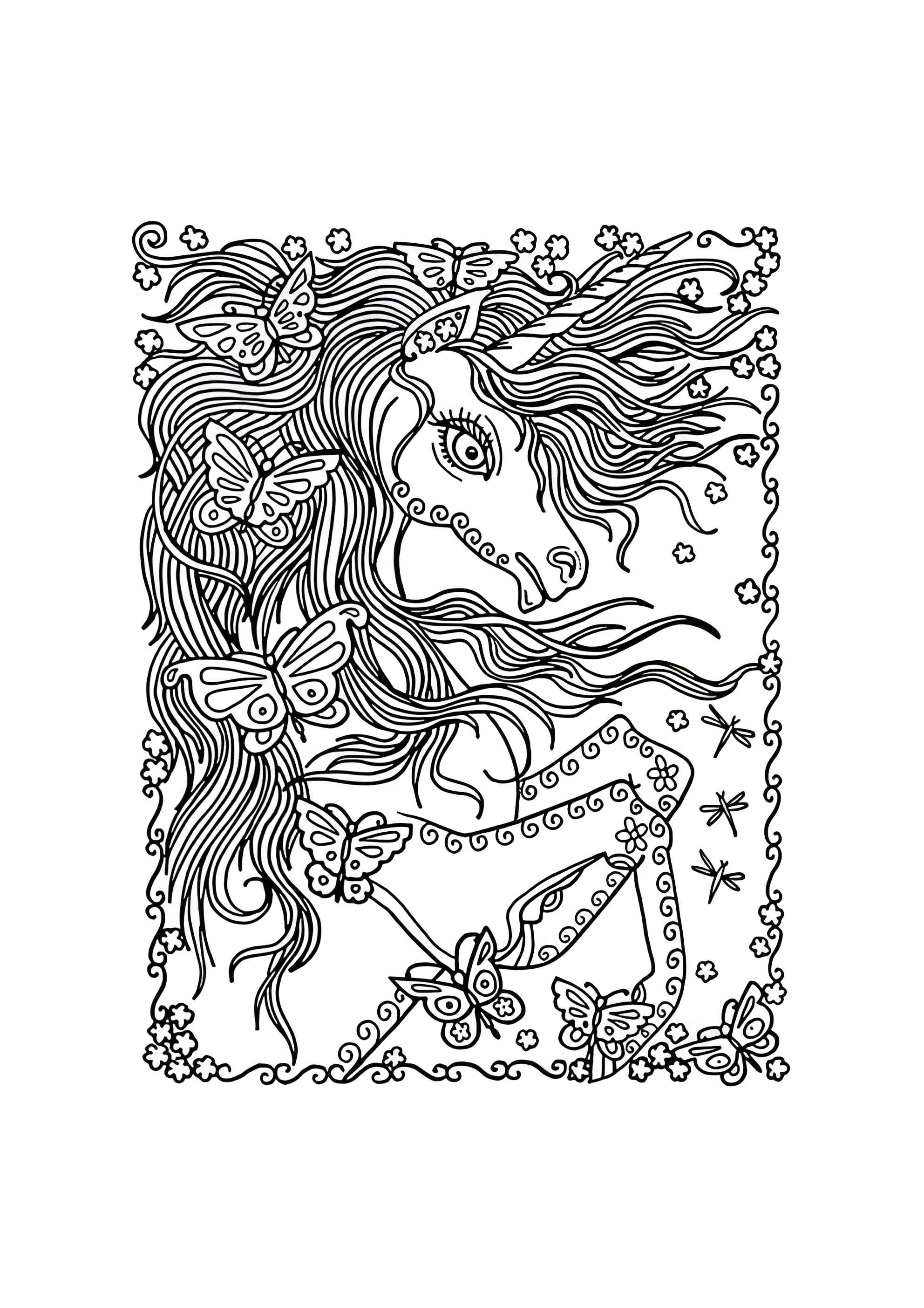 Раскраска Единорог антистресс с бабочками