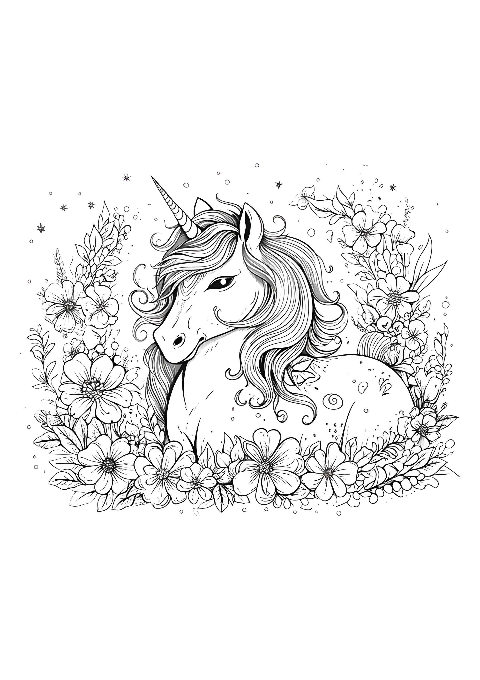 Раскраска Единорог лежит в цветах