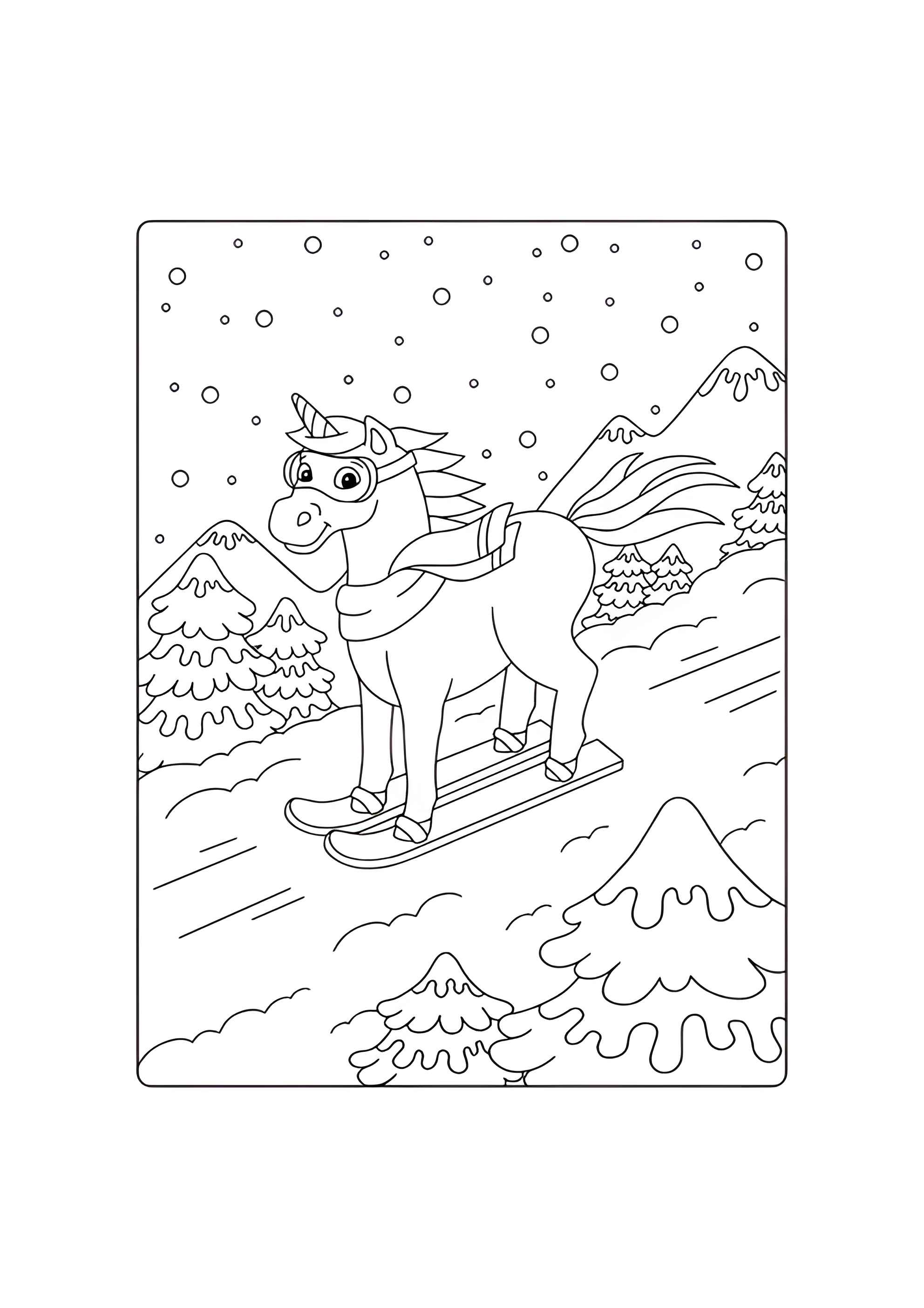 Раскраска Единорог на лыжах