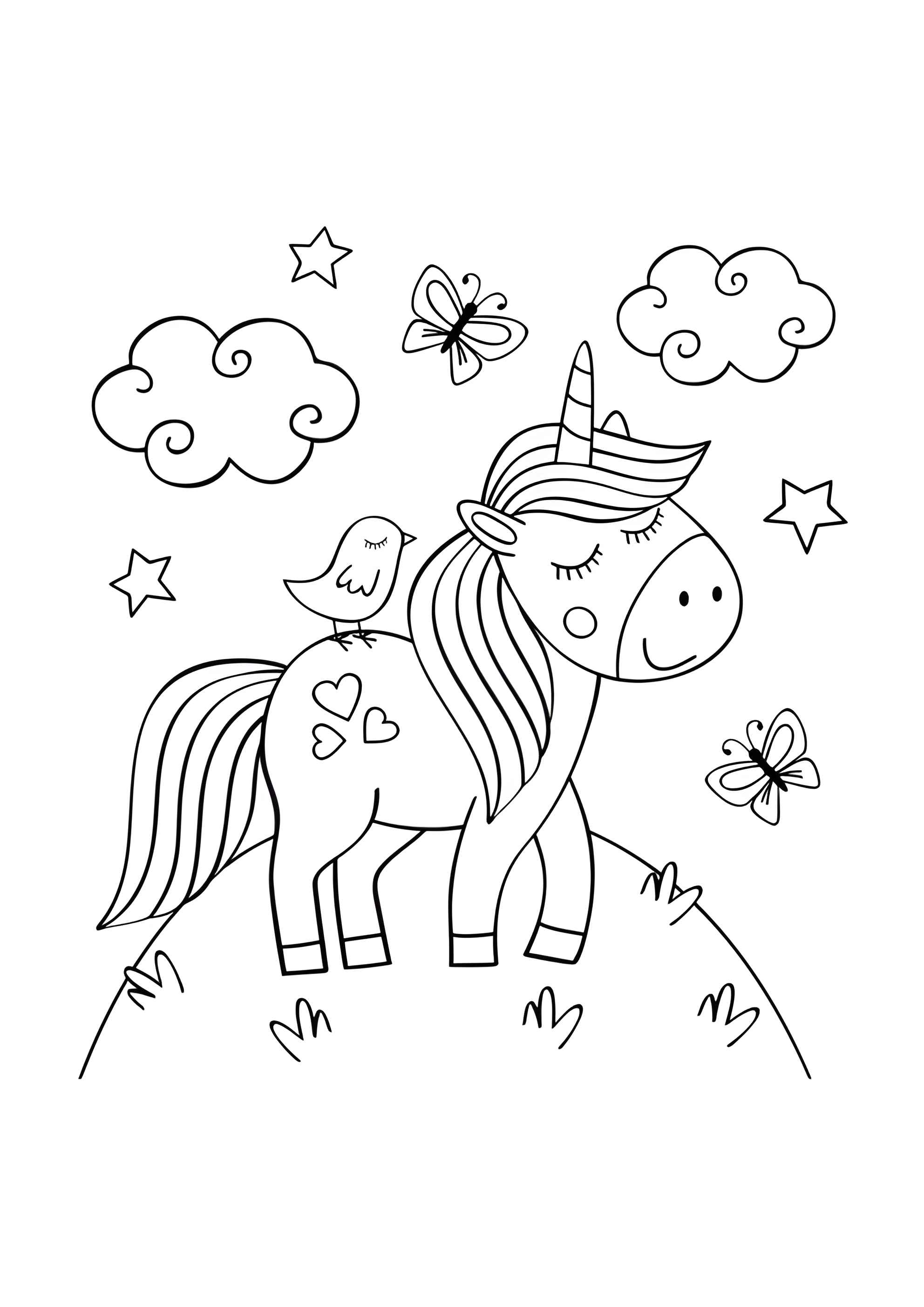 Раскраска Единорог, птичка и бабочки