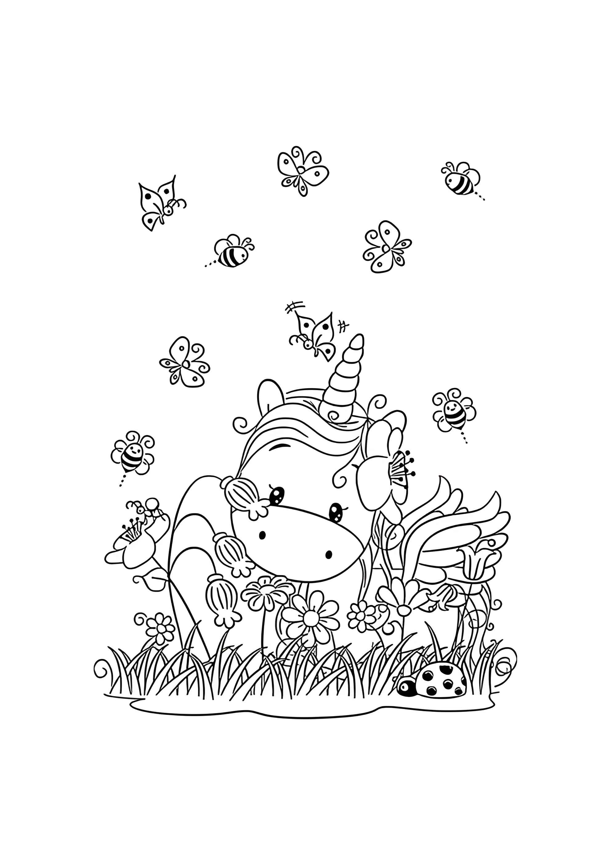 Раскраска Единорог в цветах, пчелы и бабочки