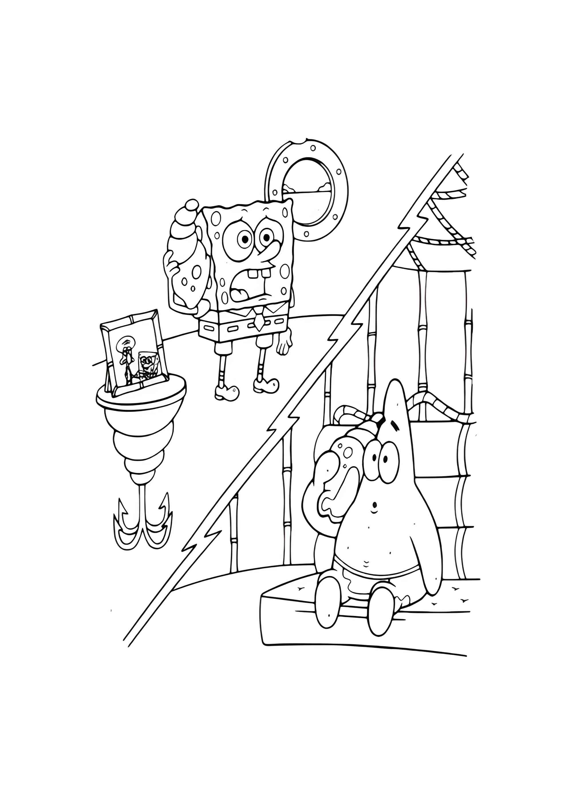 Раскраска Губка Боб и Патрик приветствуют Сквидварда