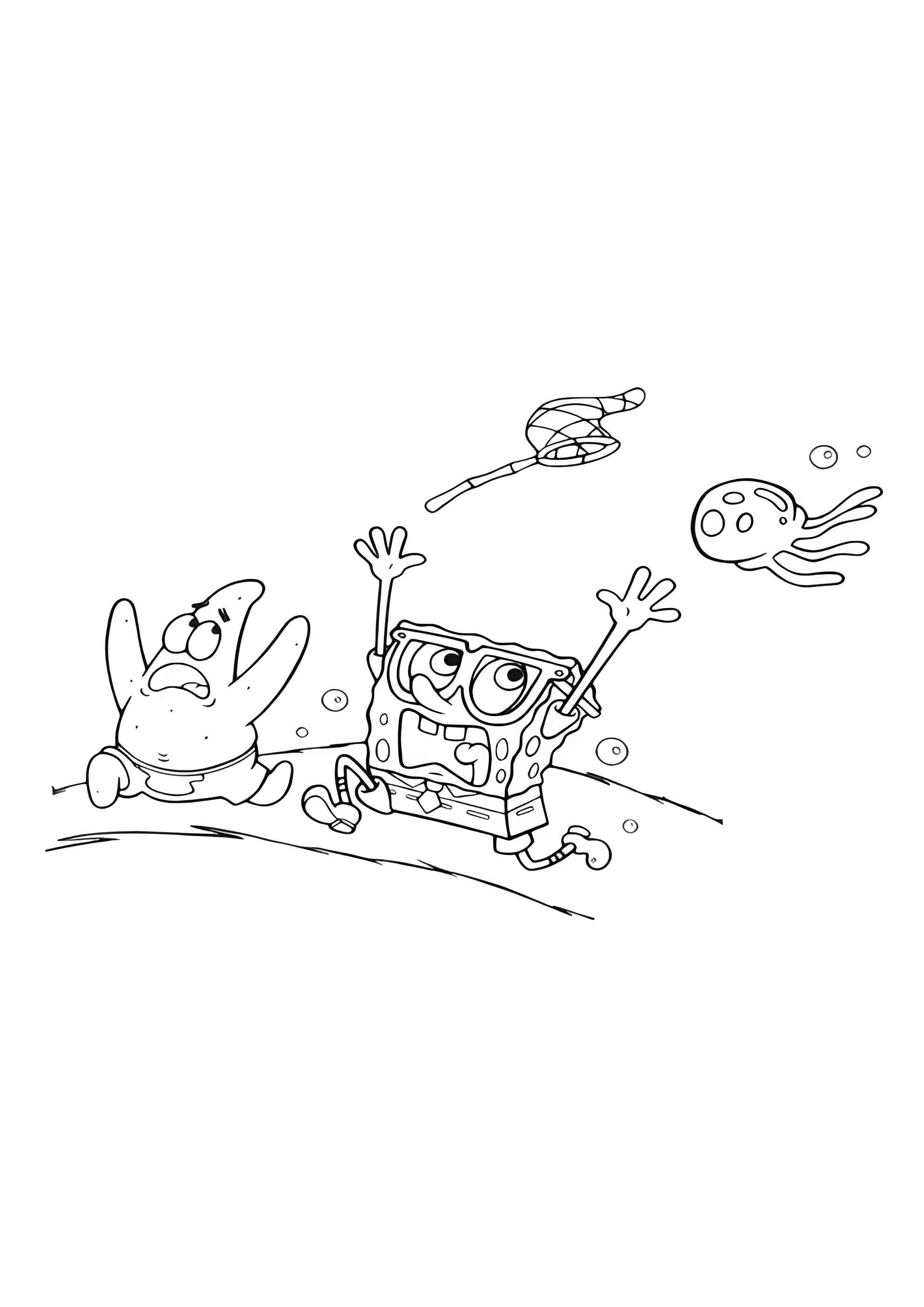 Раскраска Губка Боб и Патрик убегают от медузы