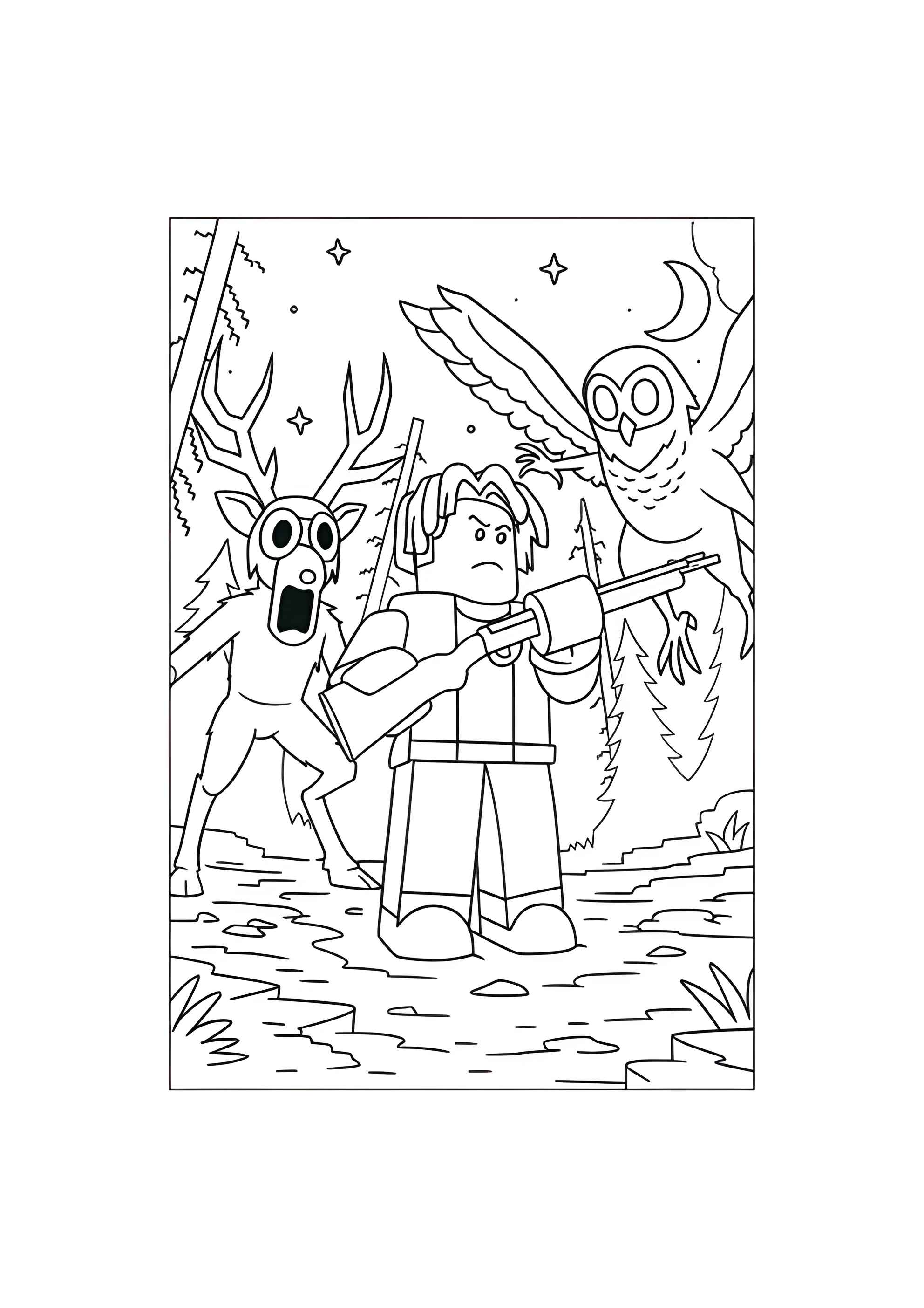 Раскраска Игрок с ружьём против Оленя и Совы