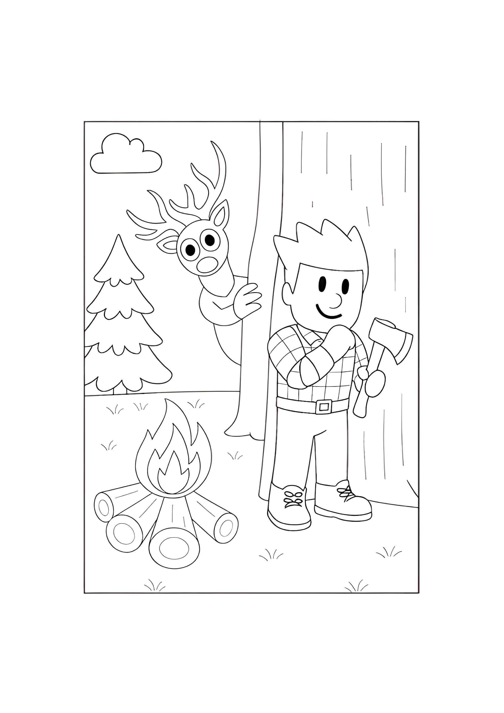 Раскраска Игрок с топором у костра и Олень