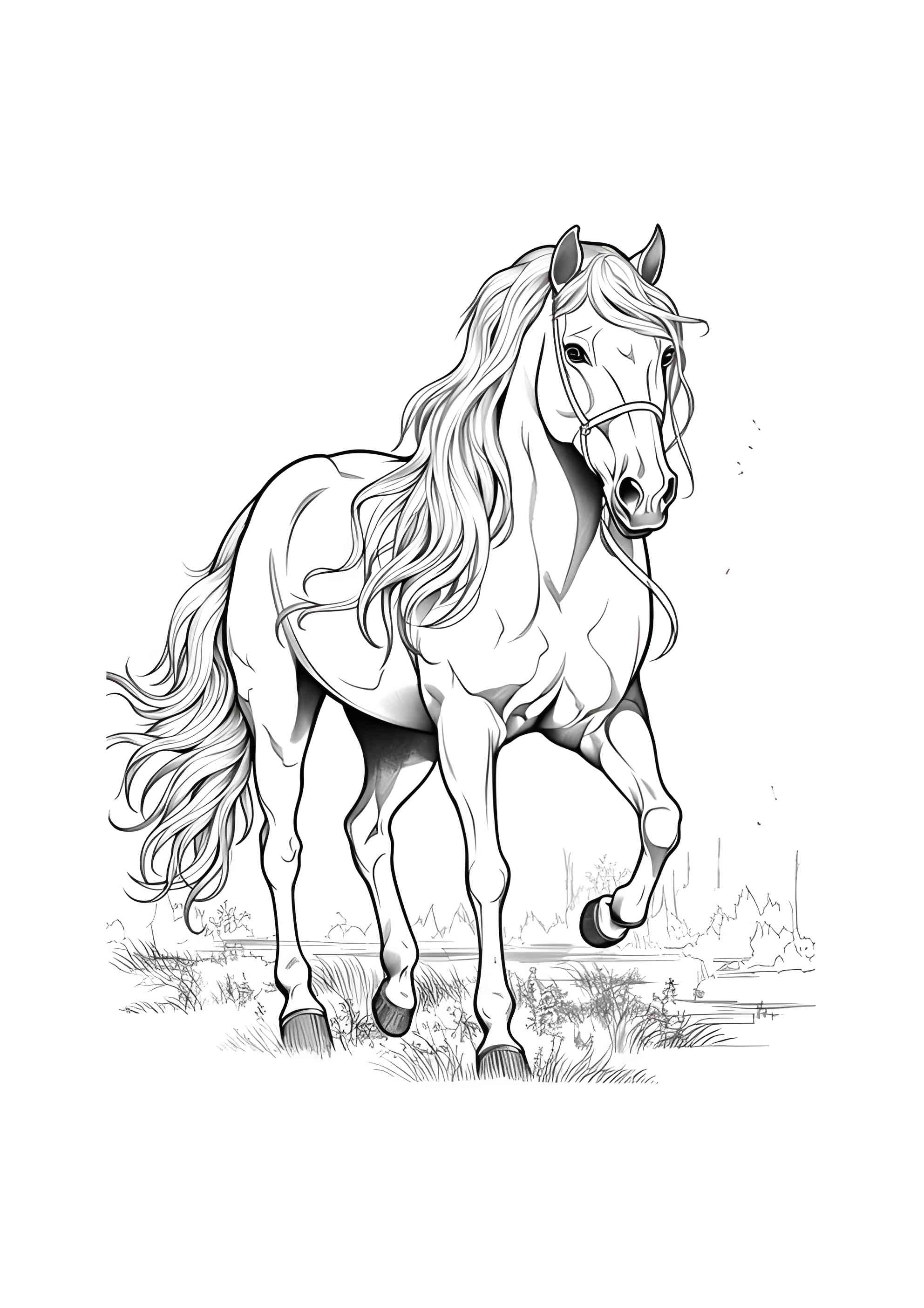 Раскраска Конь пасётся на лугу