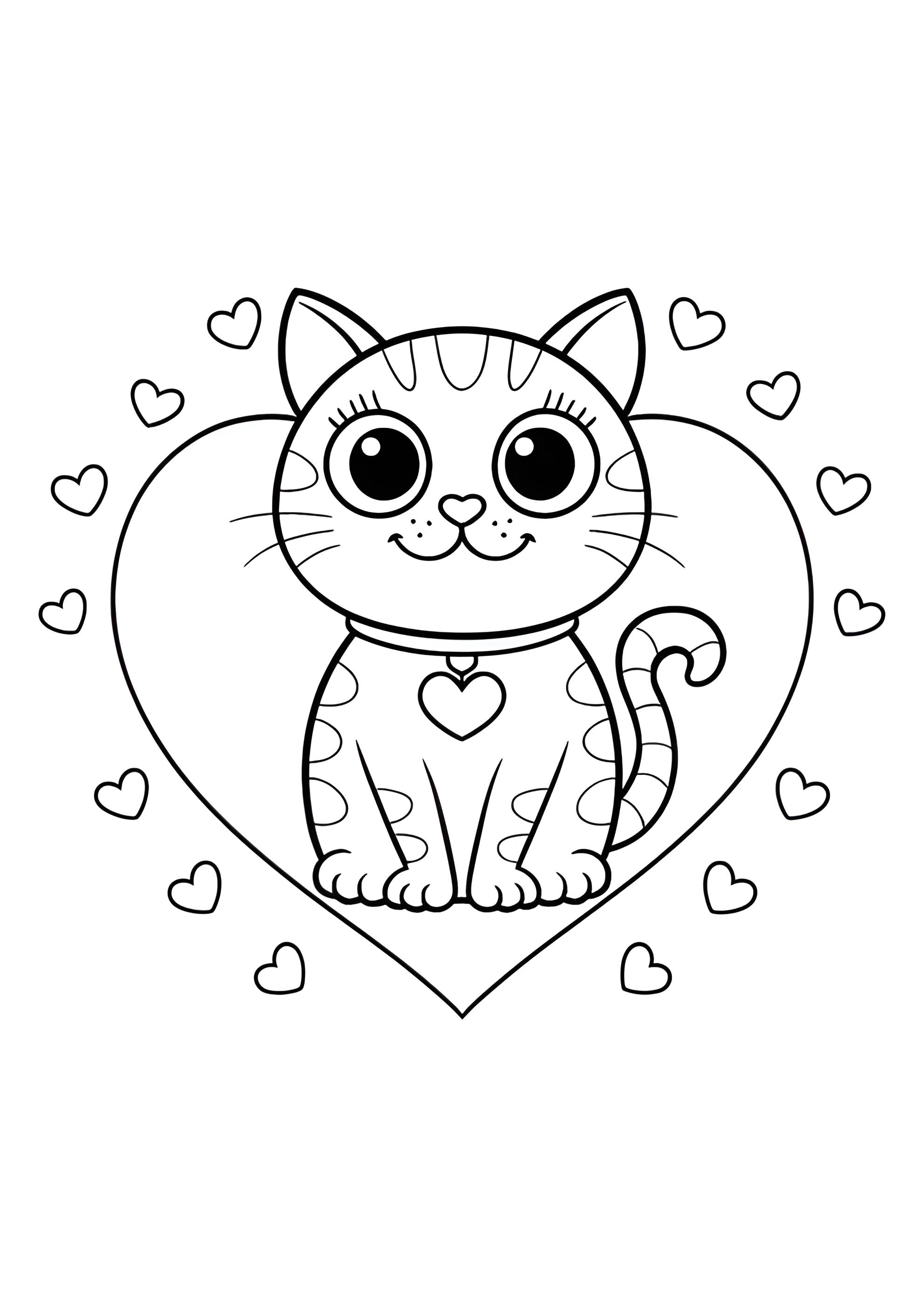 Раскраска Кошечка на фоне сердец
