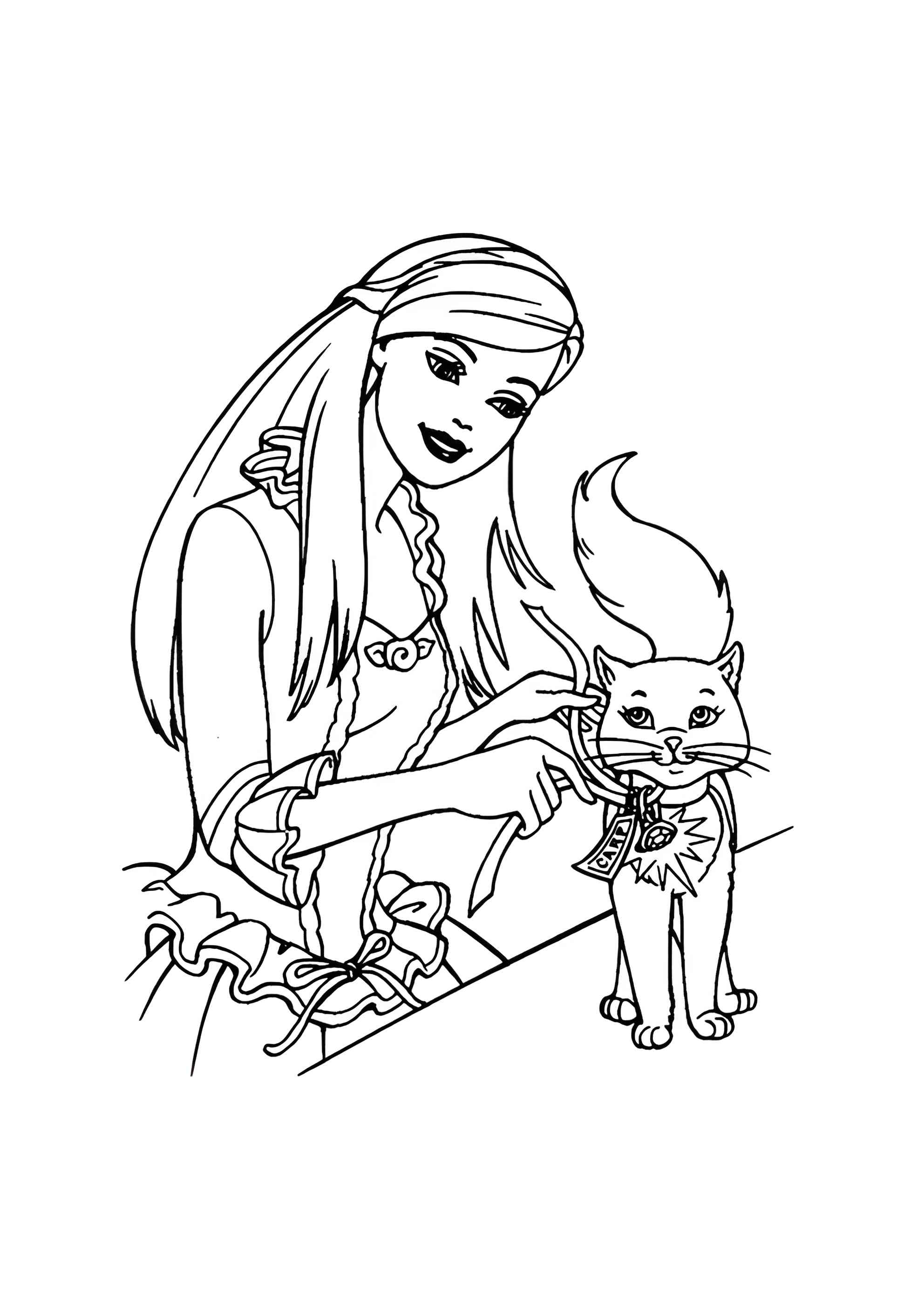 Раскраска Кошка и Барби