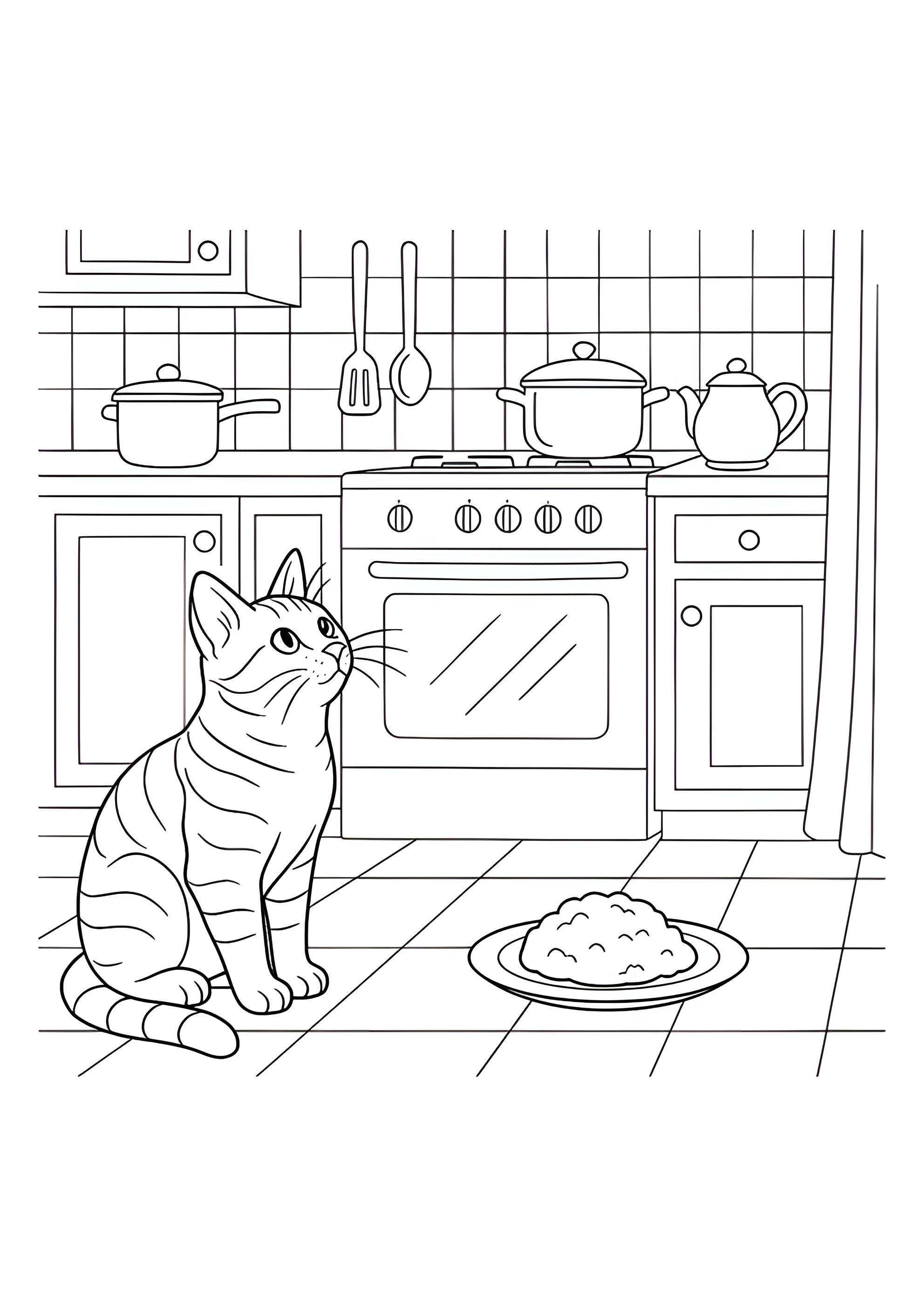 Раскраска Кошка на кухне ждет обеда