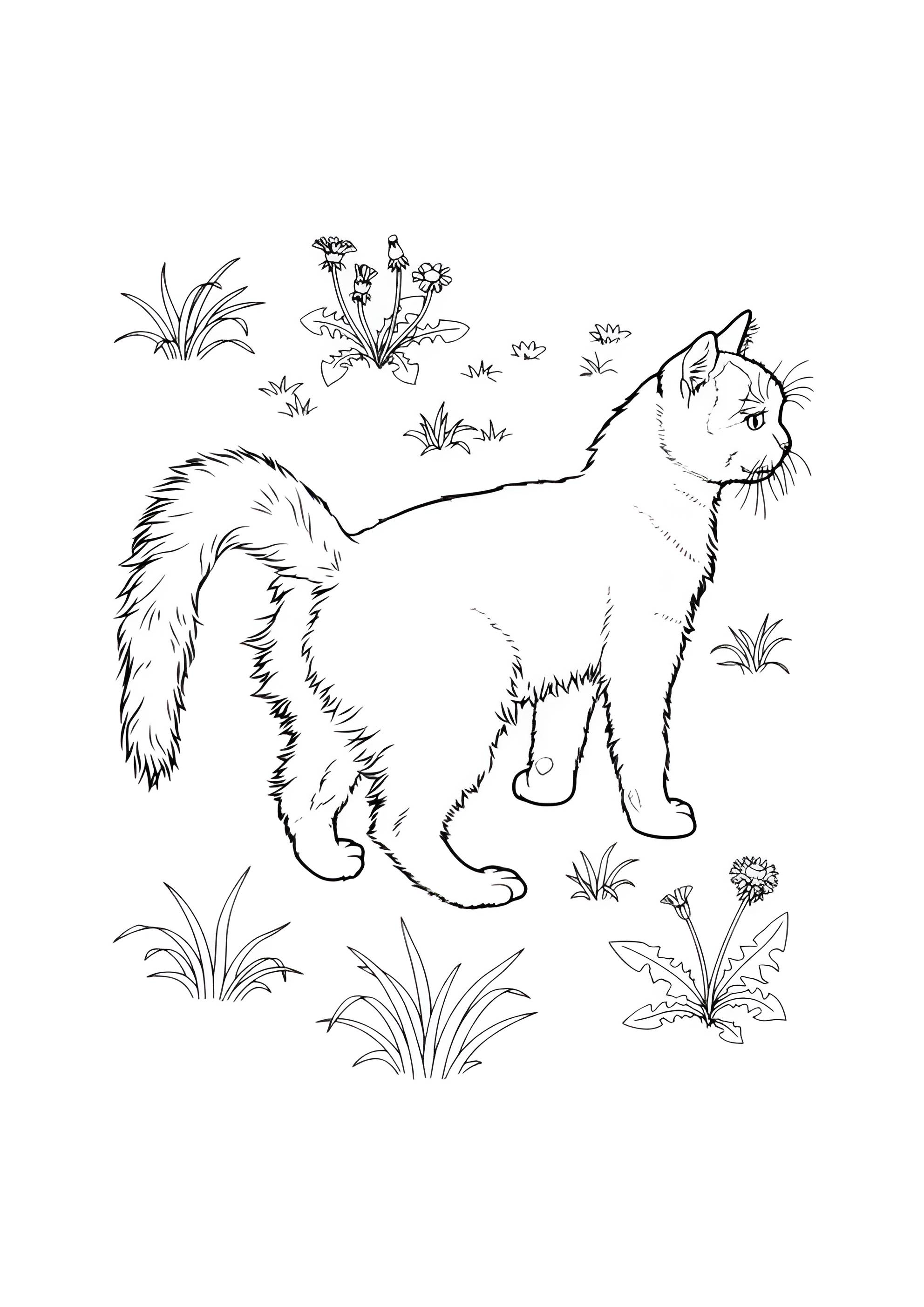 Раскраска Кошка на лужайке