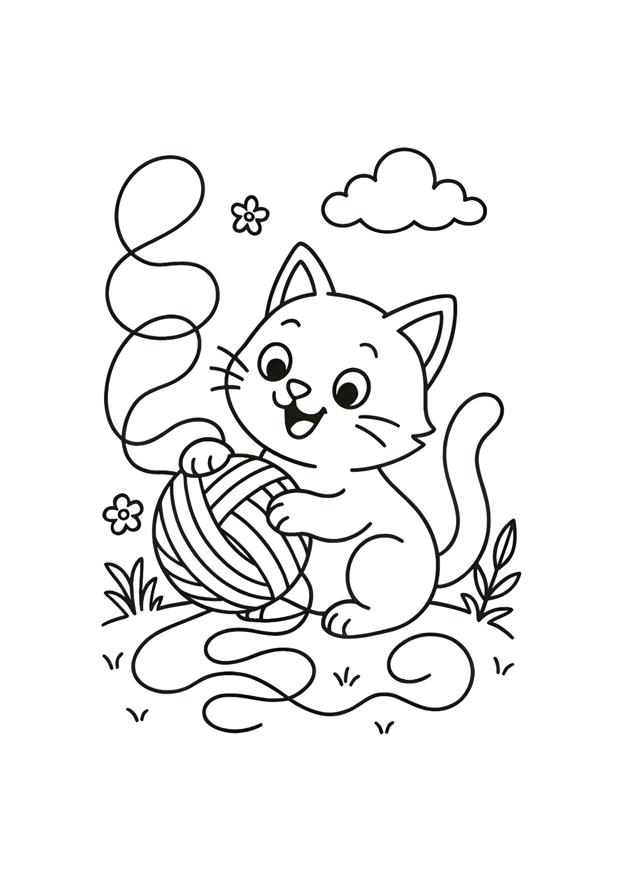 Раскраска Кошка разматывает клубок