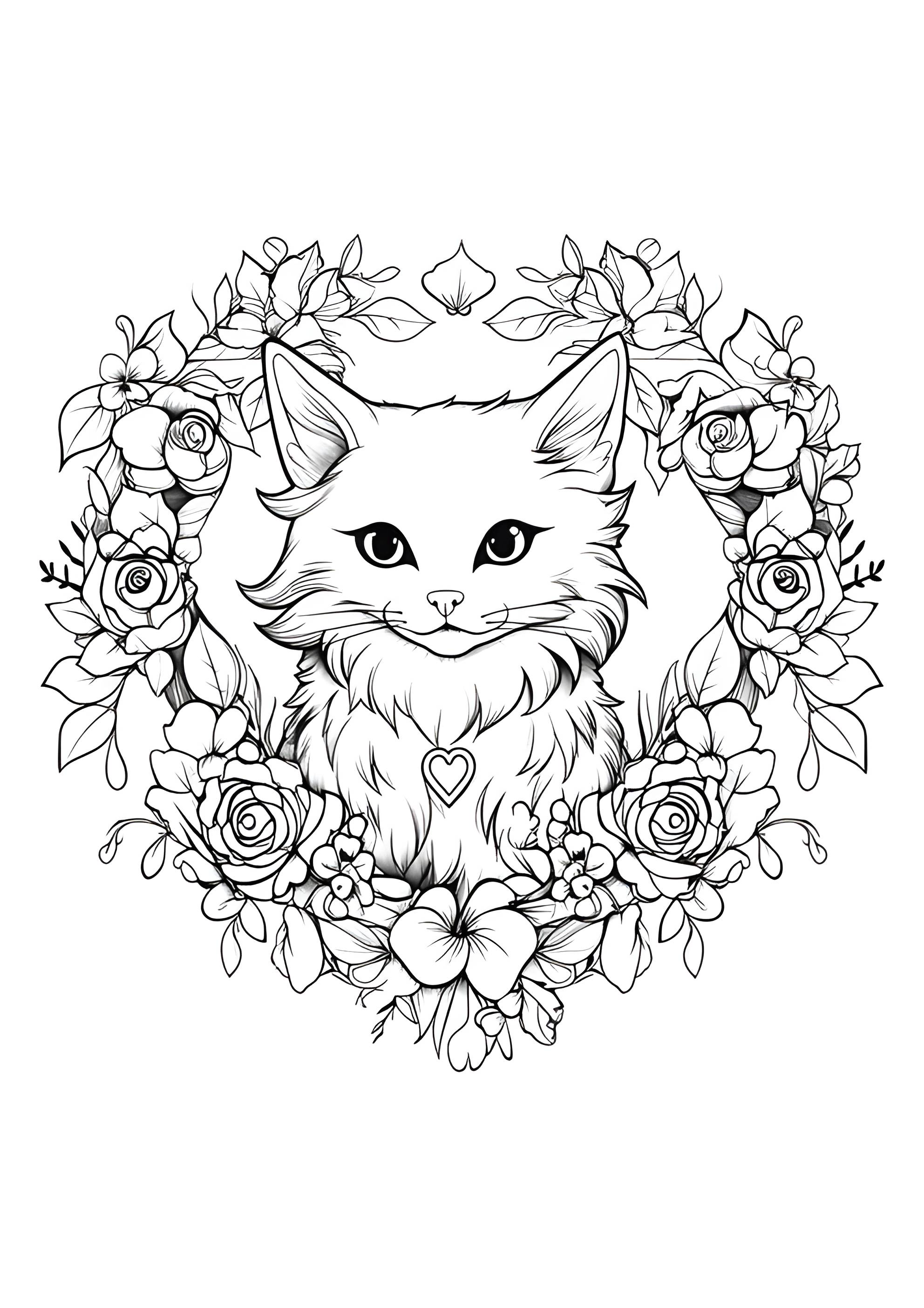 Раскраска Кошка с венком цветов
