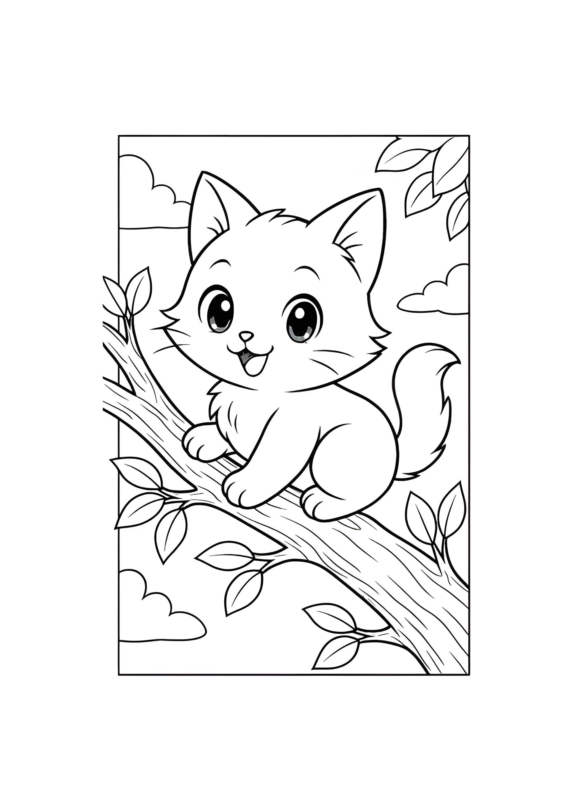 Раскраска Кошка залезла на ветку