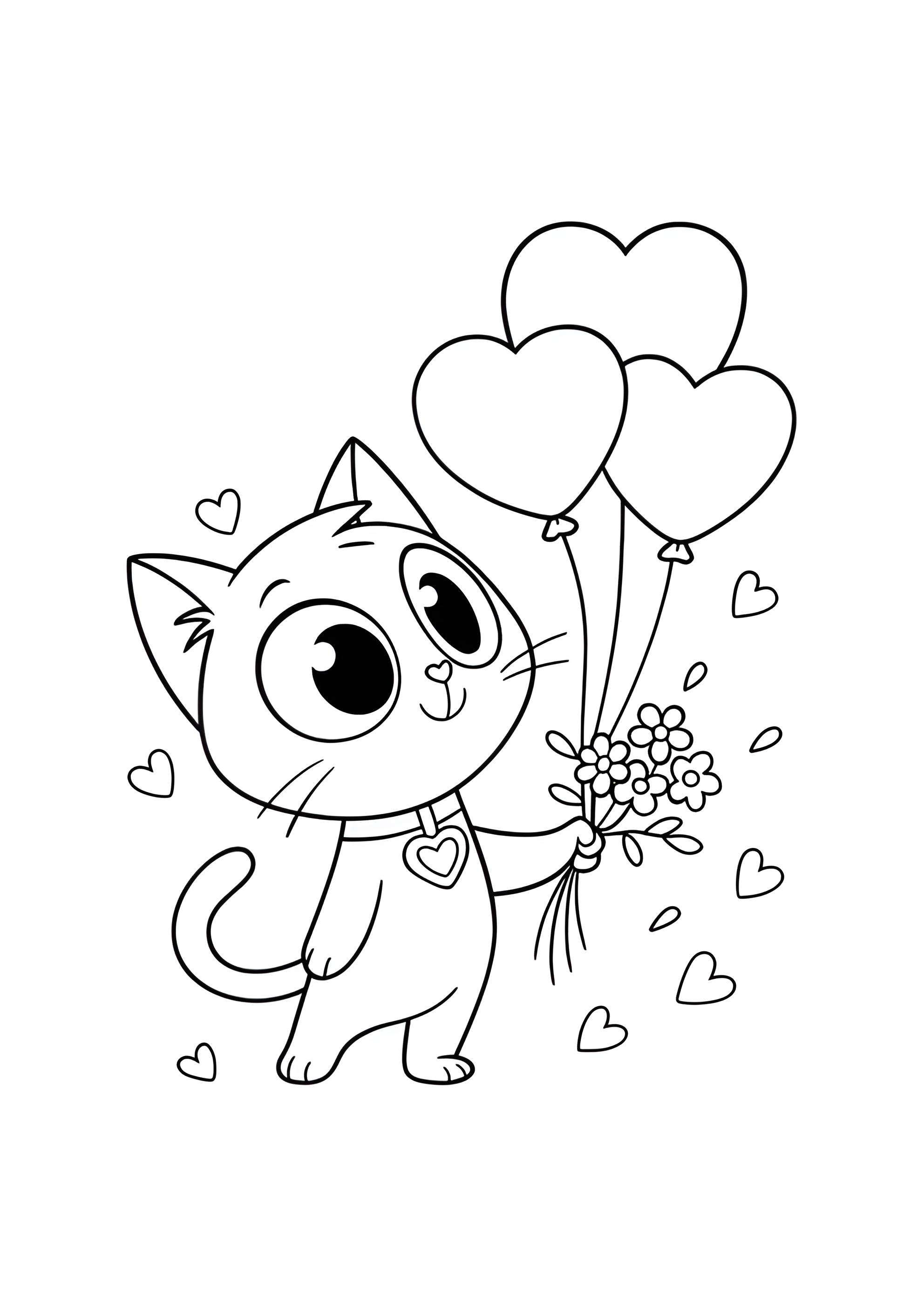 Раскраска Кот дарит цветы и шарики