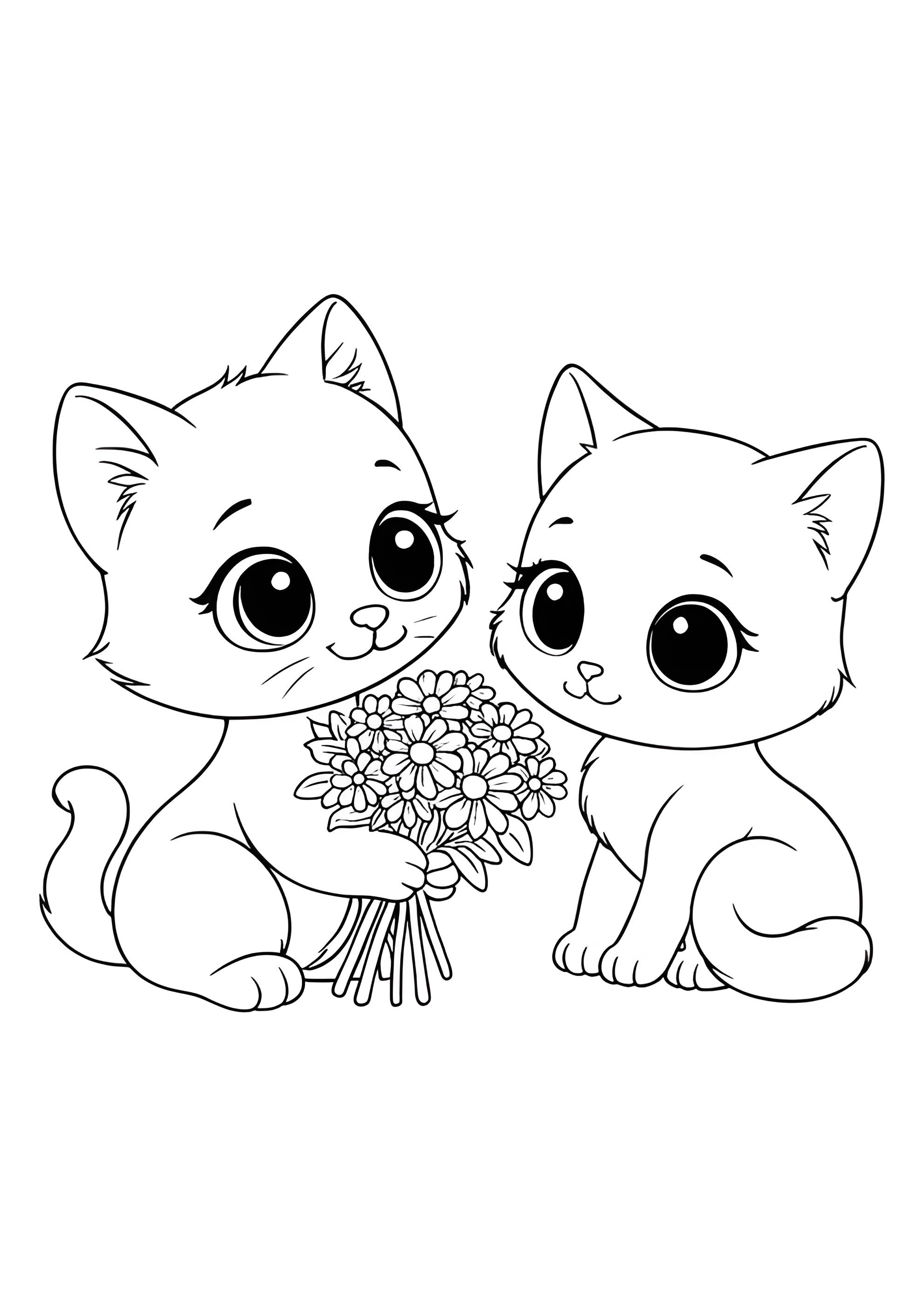 Раскраска Кот дарит цветы кошке