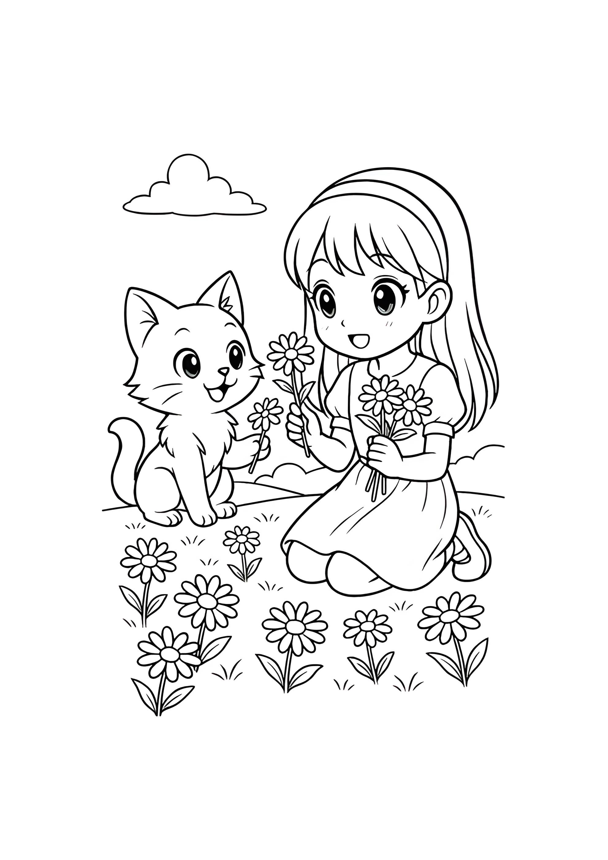Раскраска Кот и девочка собирают ромашки