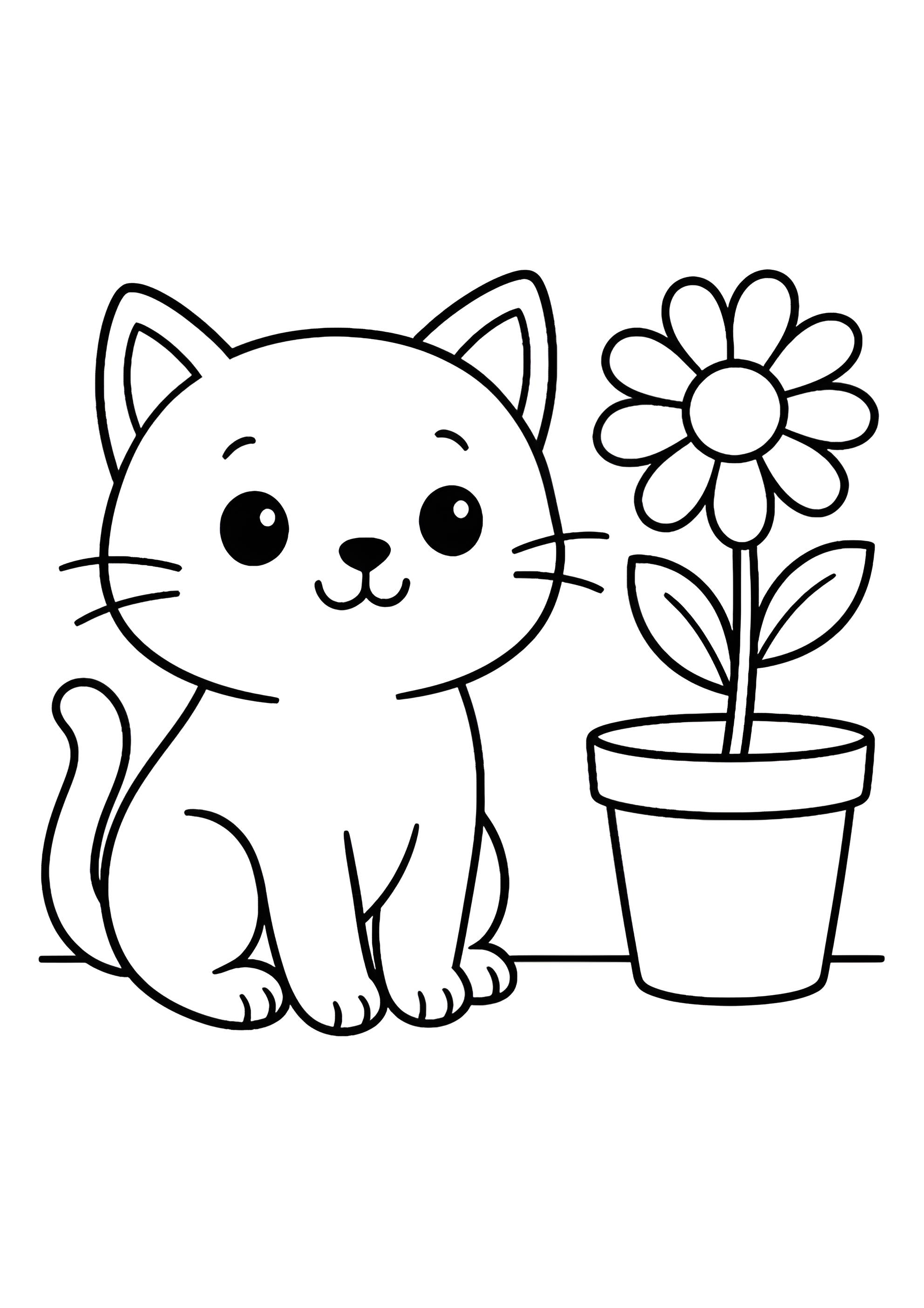 Раскраска Кот и ромашка в горшке