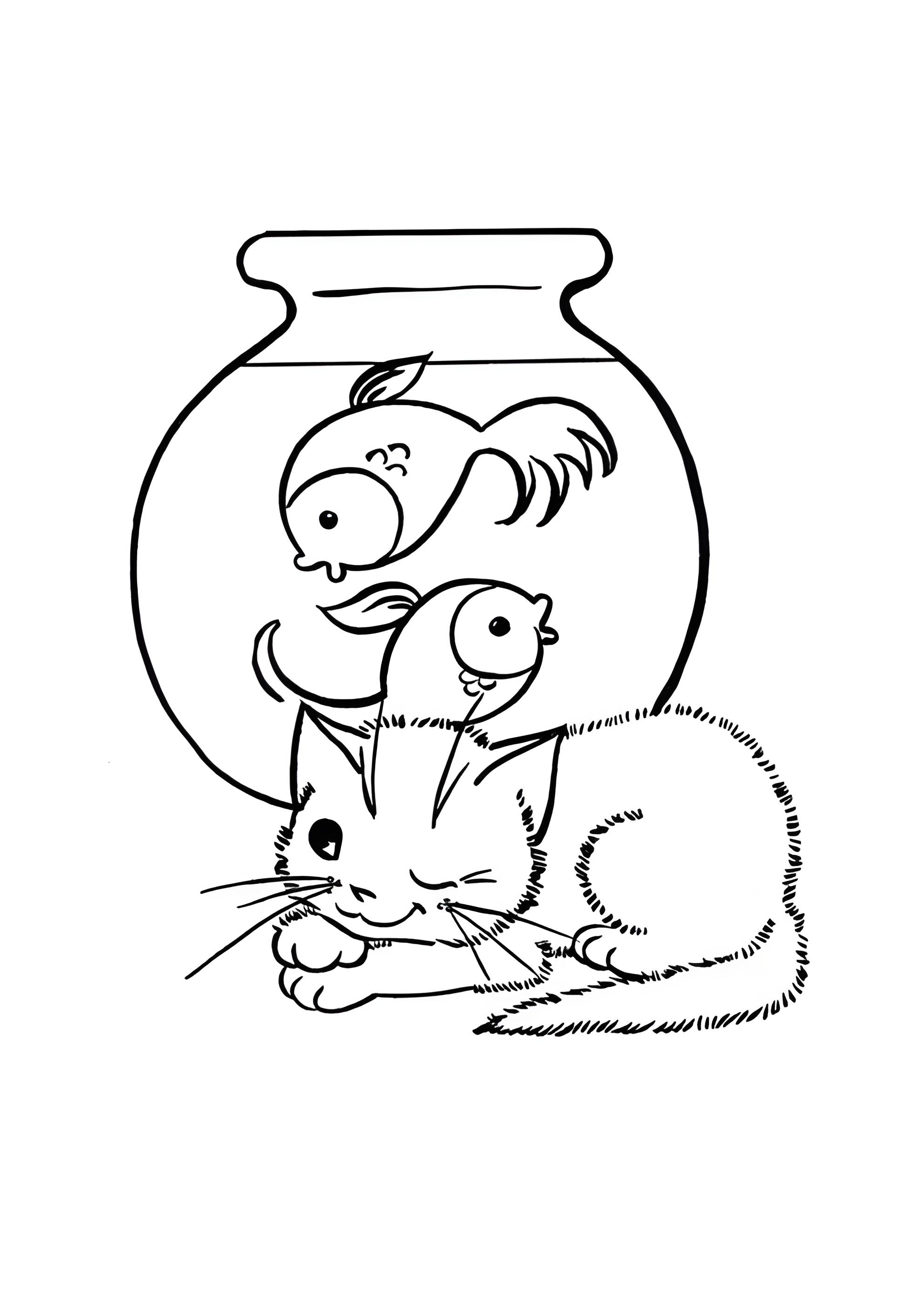 Раскраска Кот и рыбки