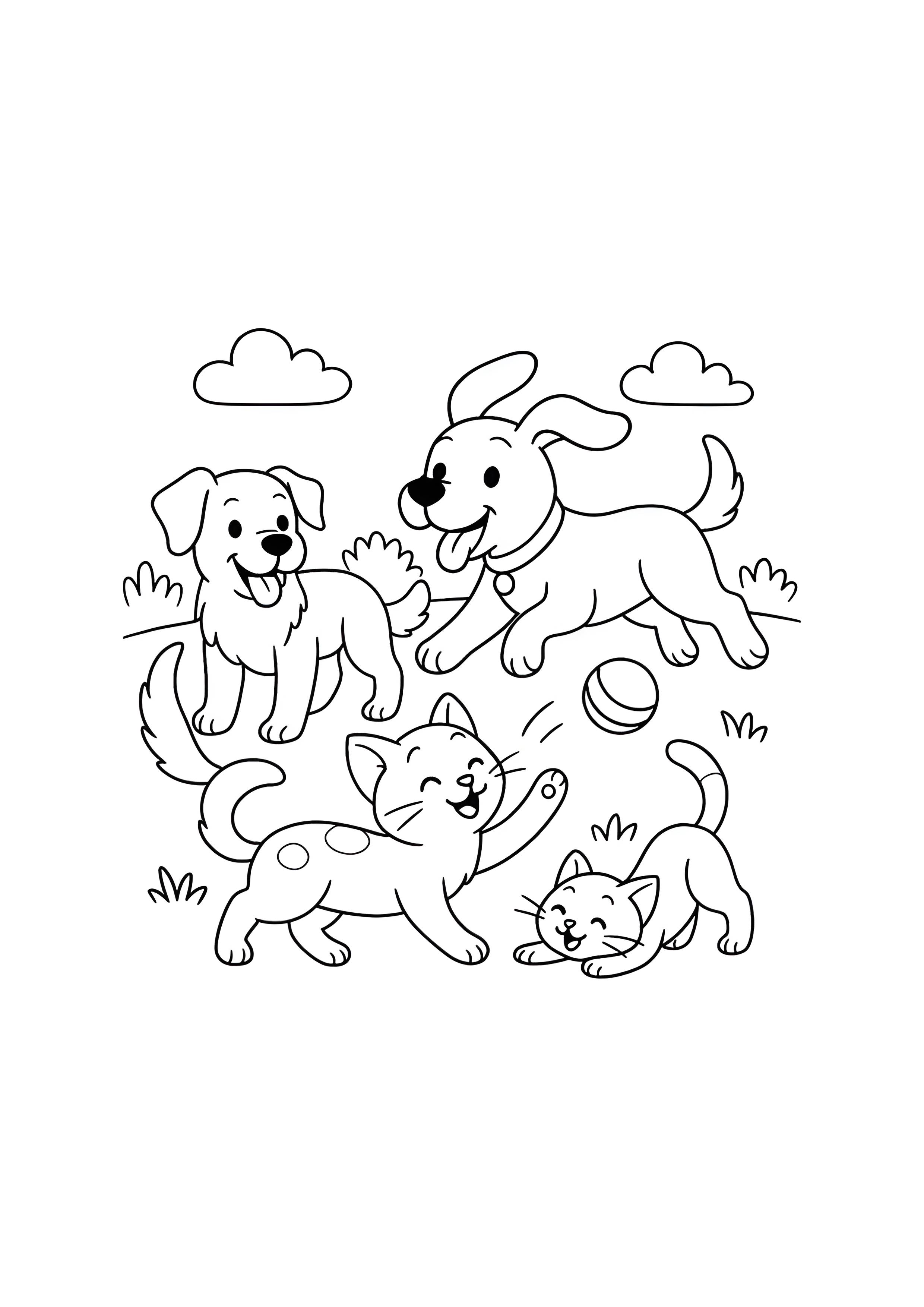 Раскраска Кот и собаки играют