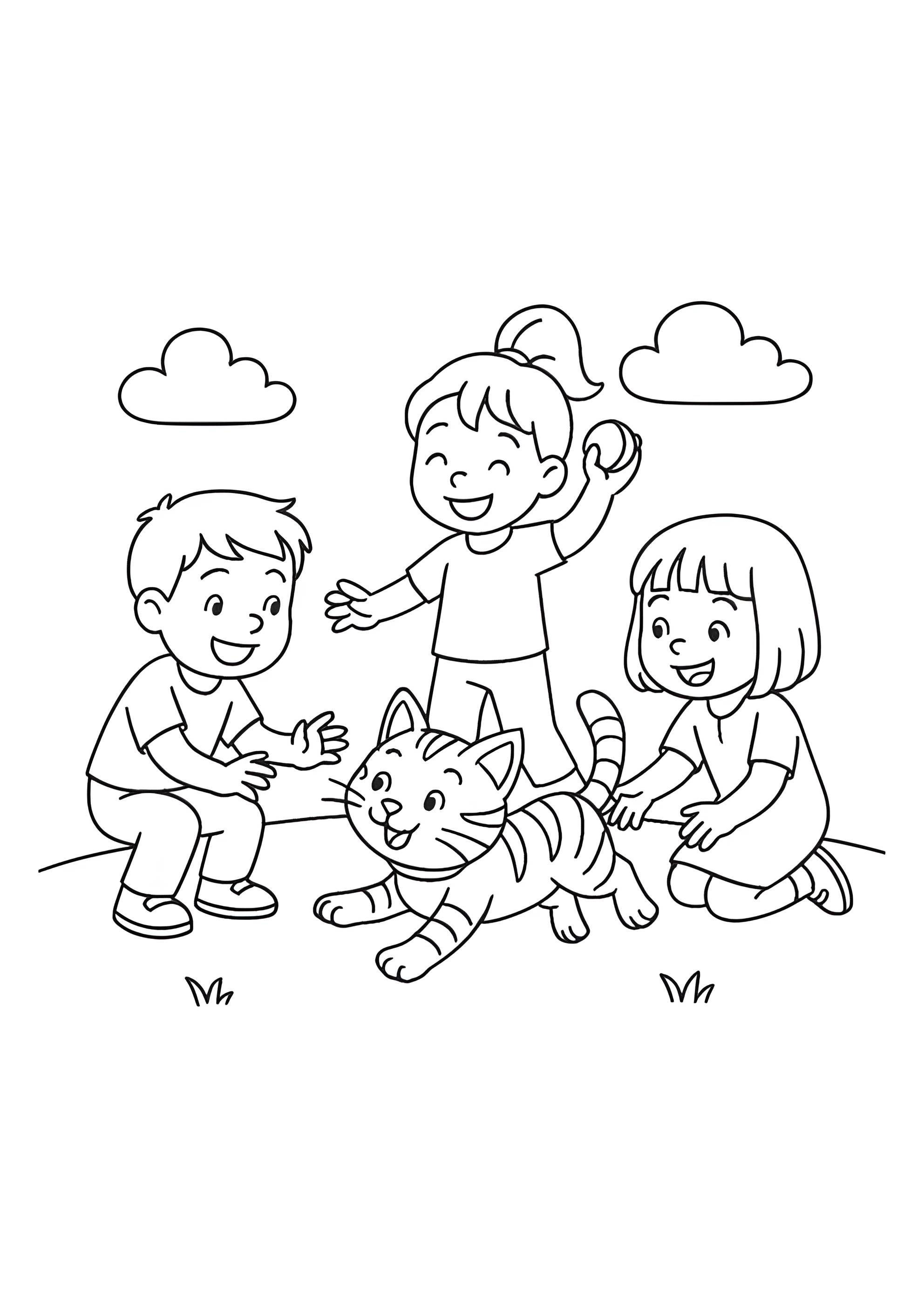 Раскраска Кот играет с детьми