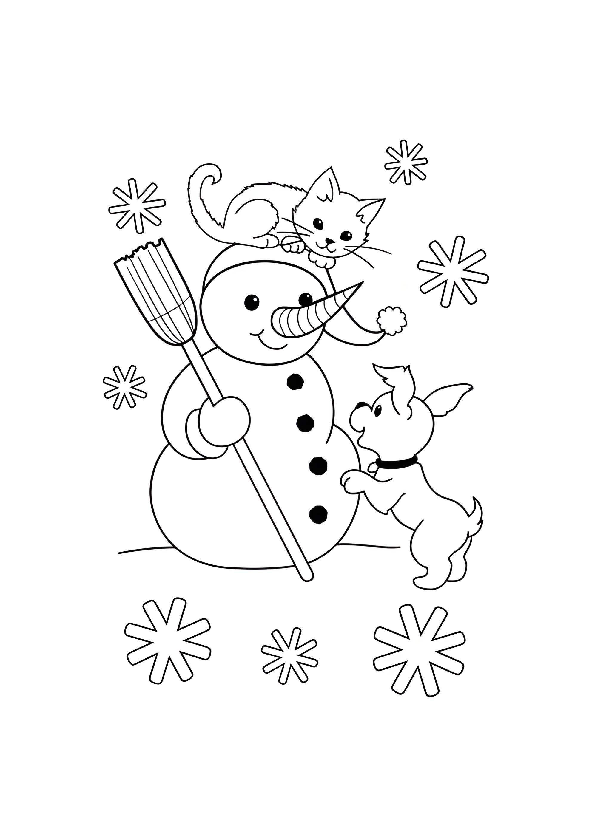 Раскраска Кот на голове у Снеговика